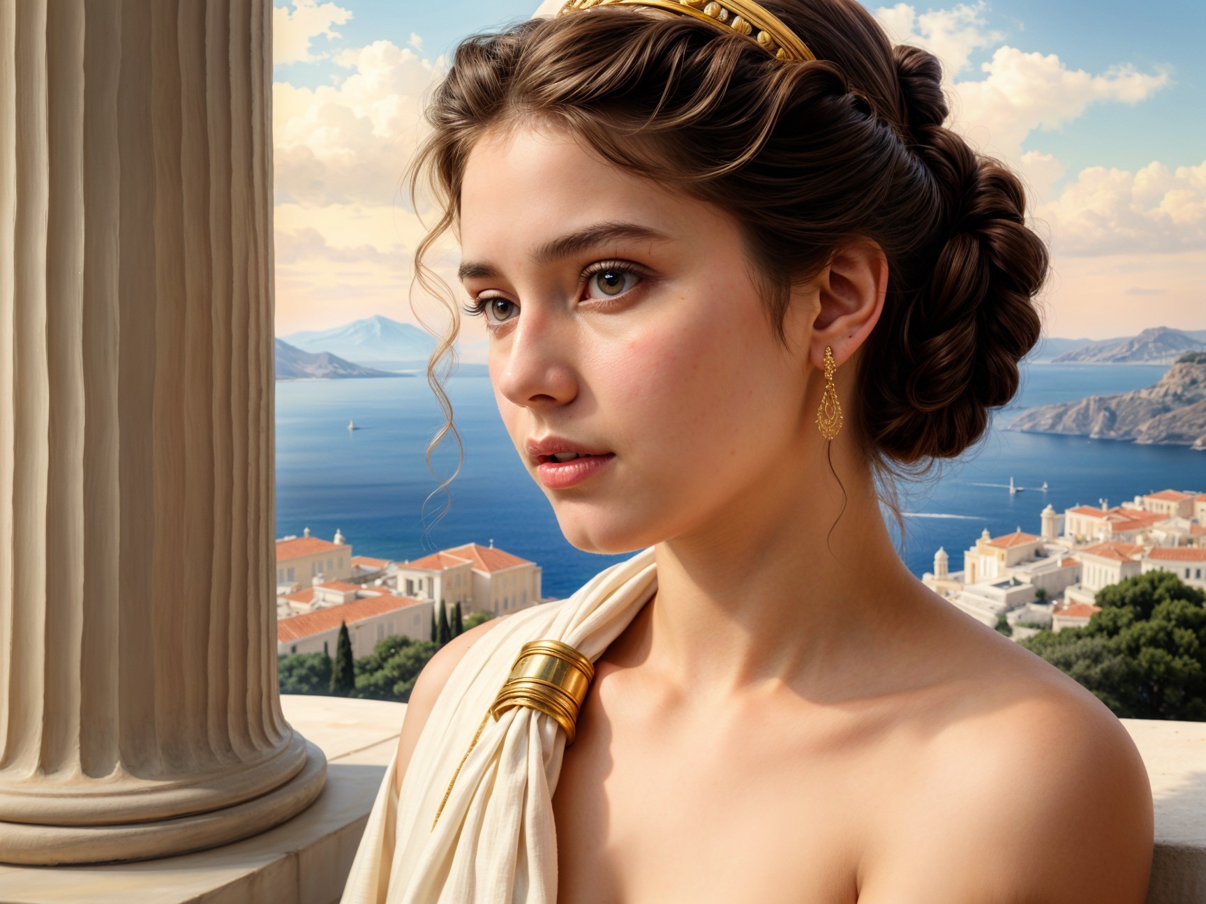Young Woman in Classical Setting by Coastal Landscape