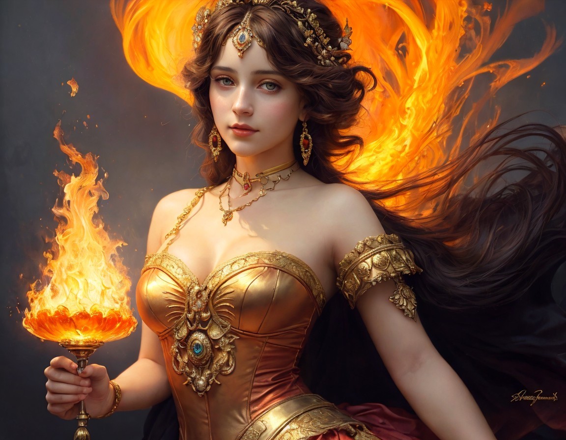 Regal figure in golden gown with fiery hair and torch