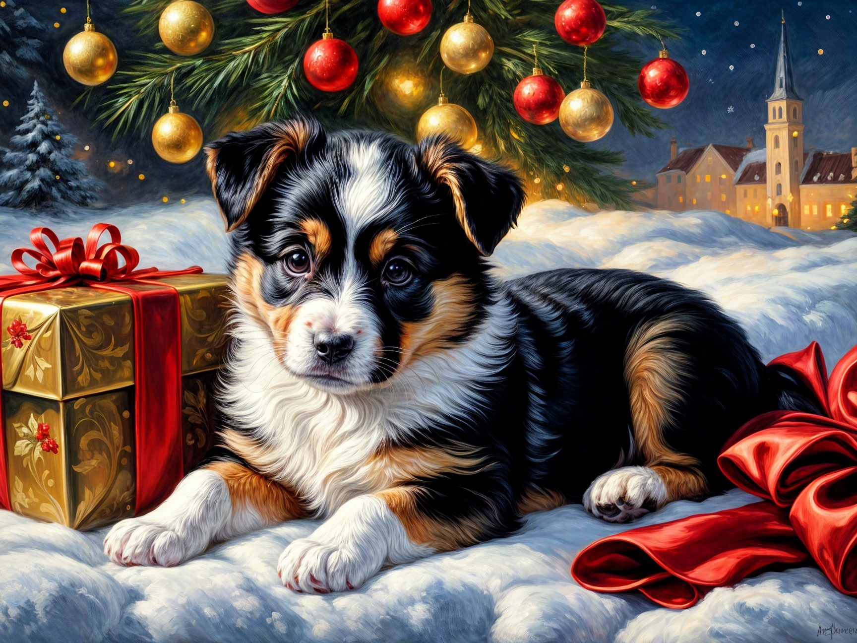 Puppy in Snow with Christmas Tree and Decorations