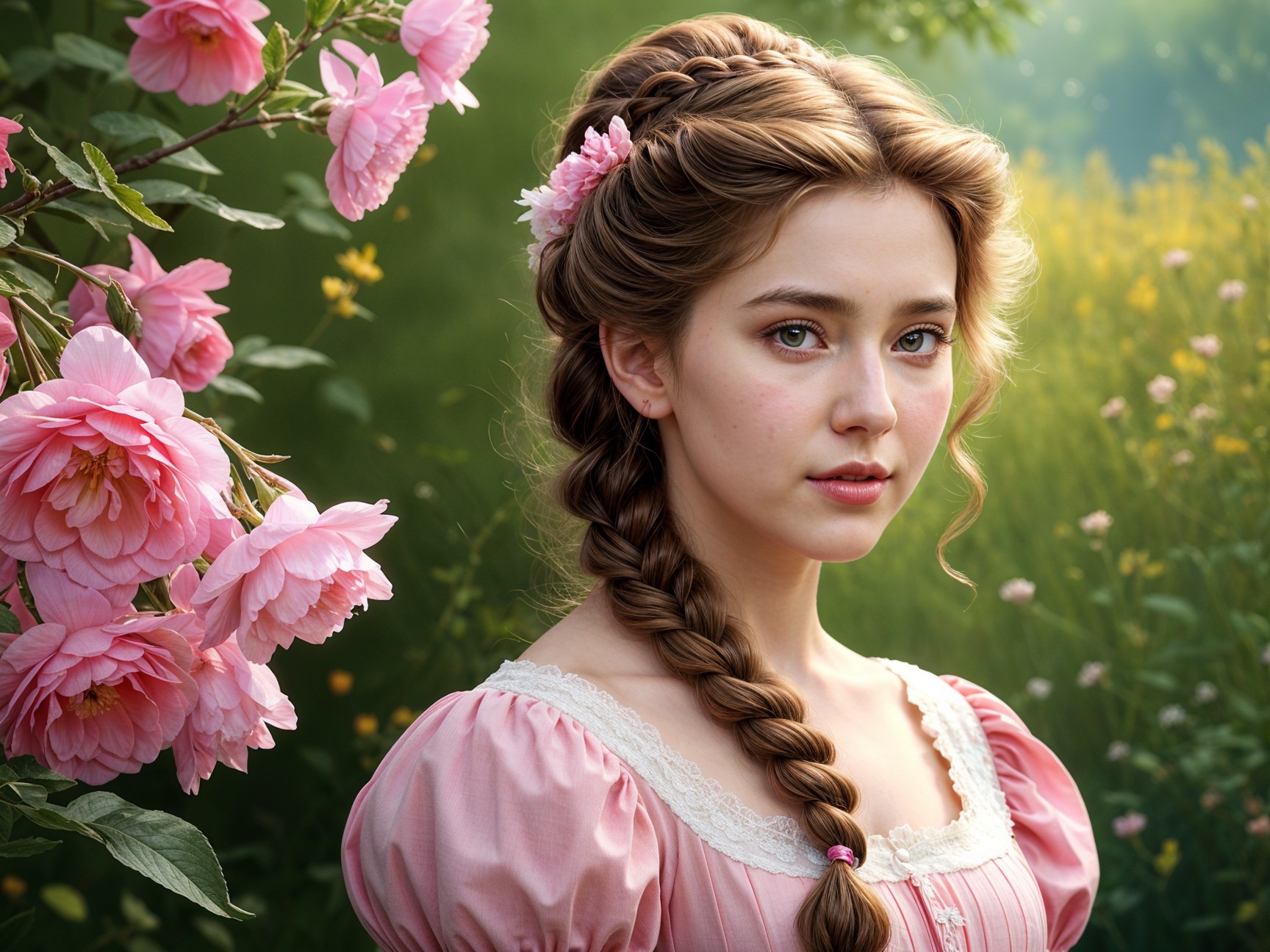 Young Woman in Vintage Dress Surrounded by Flowers