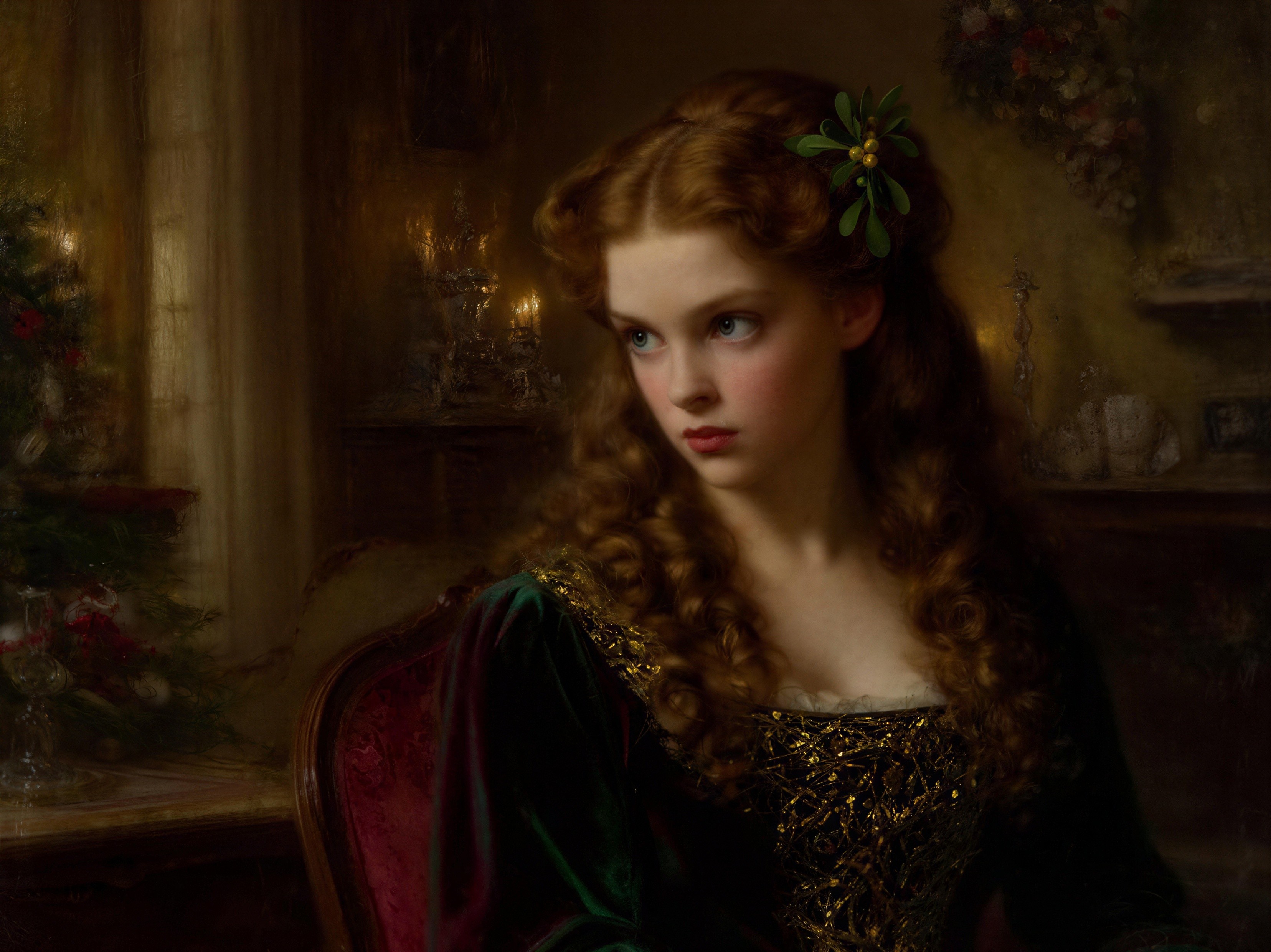 Portrait of a Young Girl with Mistletoe and Window View