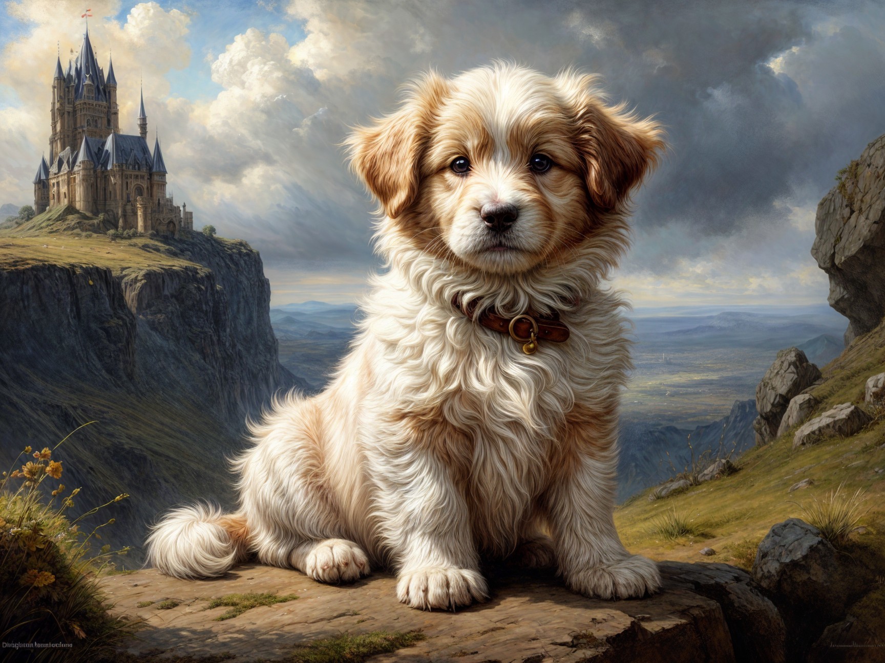 Fluffy Golden-Haired Puppy on Rocky Ledge with Castle