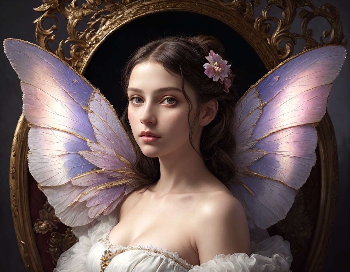 Woman with butterfly wings and floral hairpiece in off-shoulder gown against ornate frame.