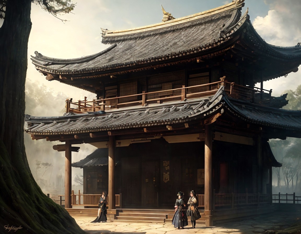 Traditional Japanese Temple in Forest with Historical Attire