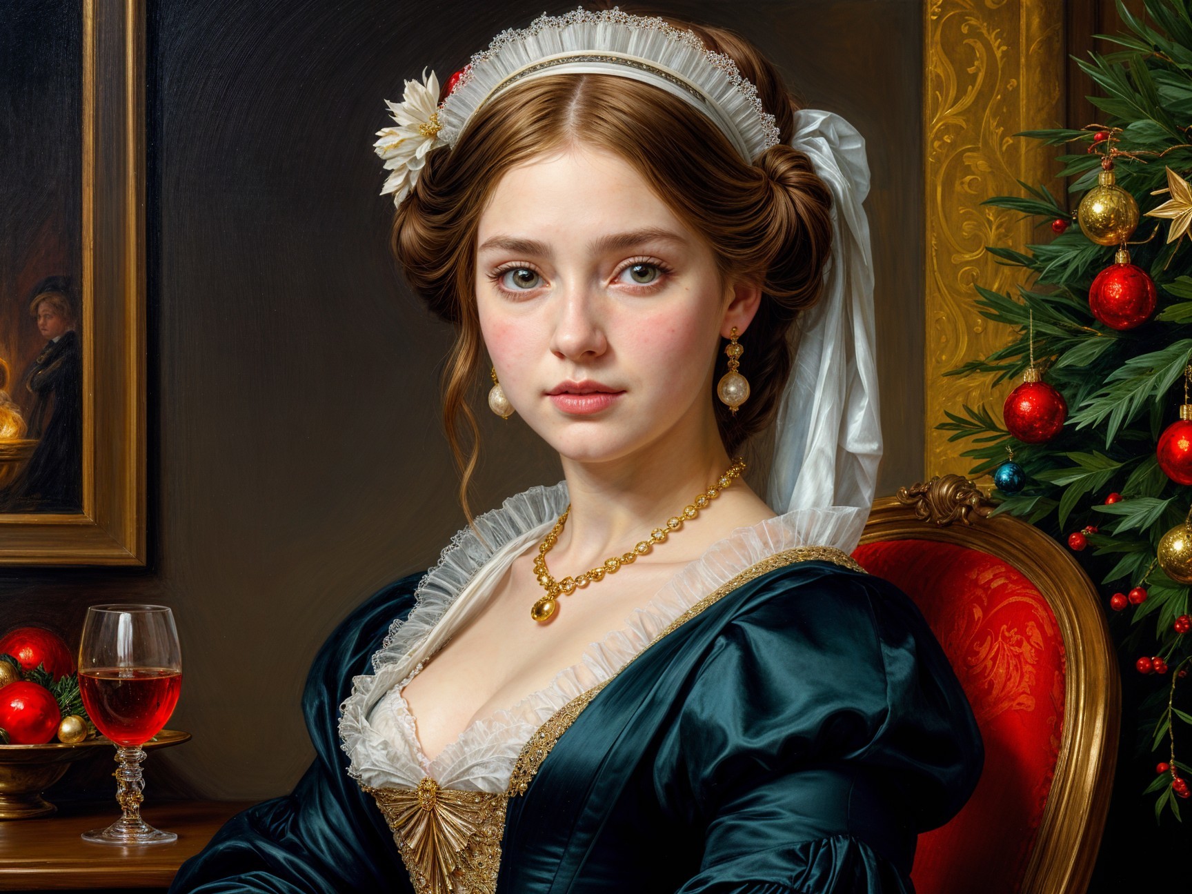 Elegant Young Woman in Green Gown at Festive Scene