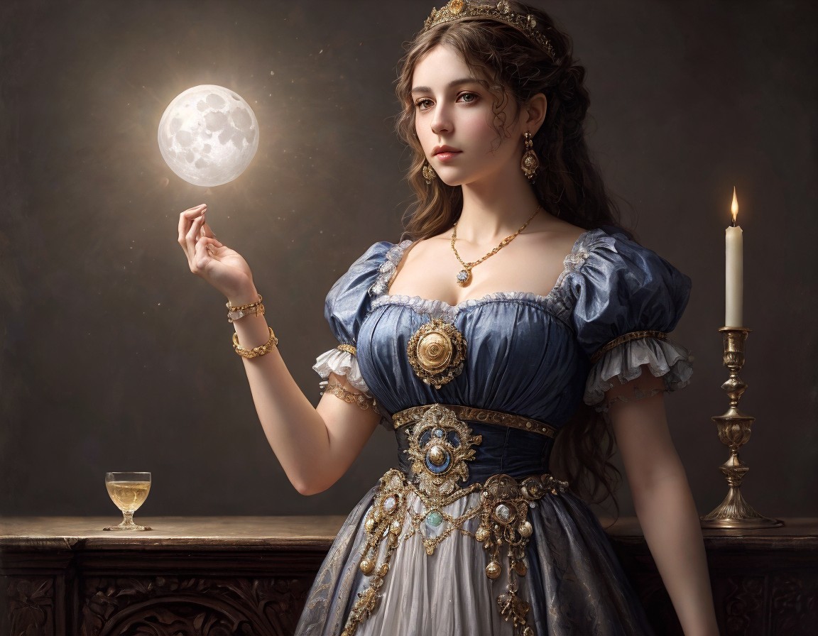 Regal woman in blue and gold dress holding moon above candle-lit table