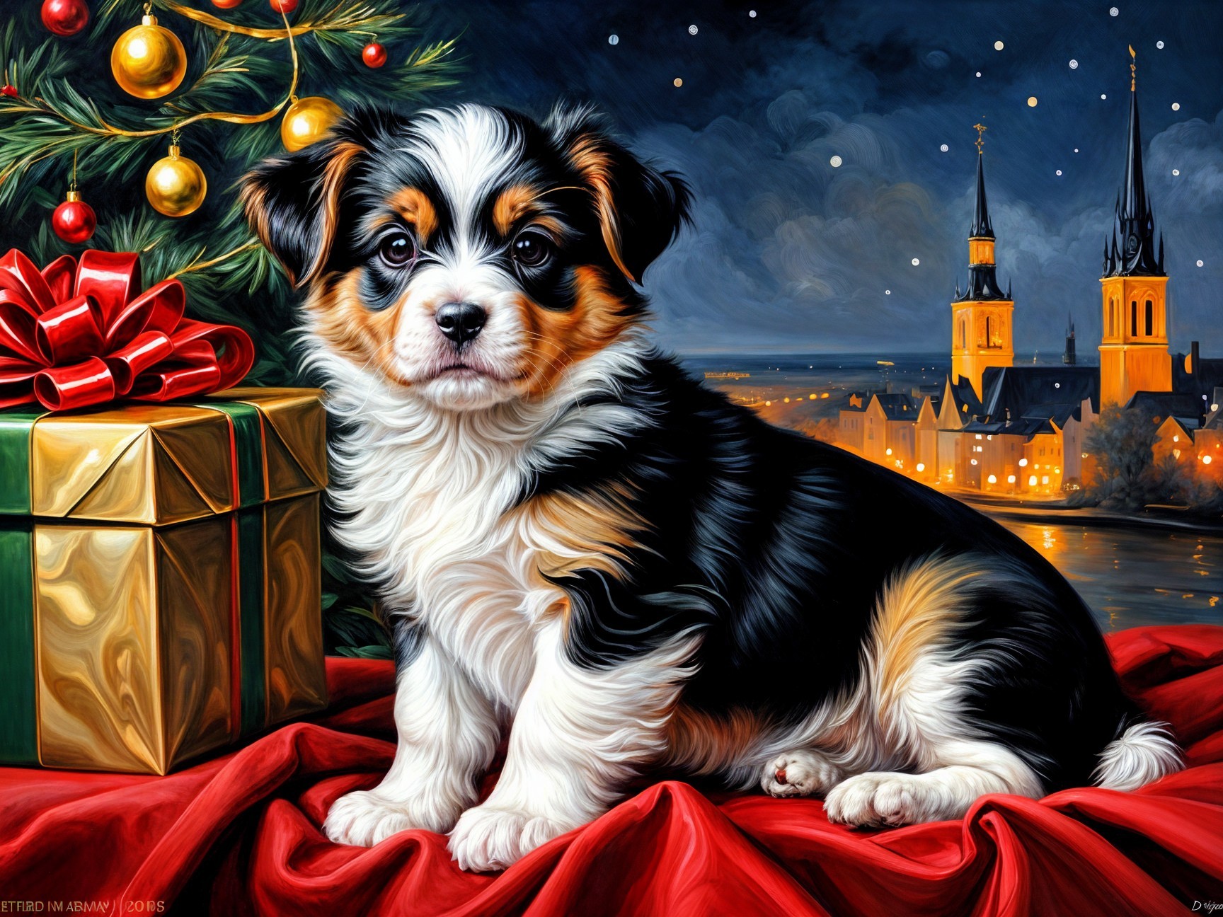 Puppy on Red Velvet with Holiday Decorations and Lights