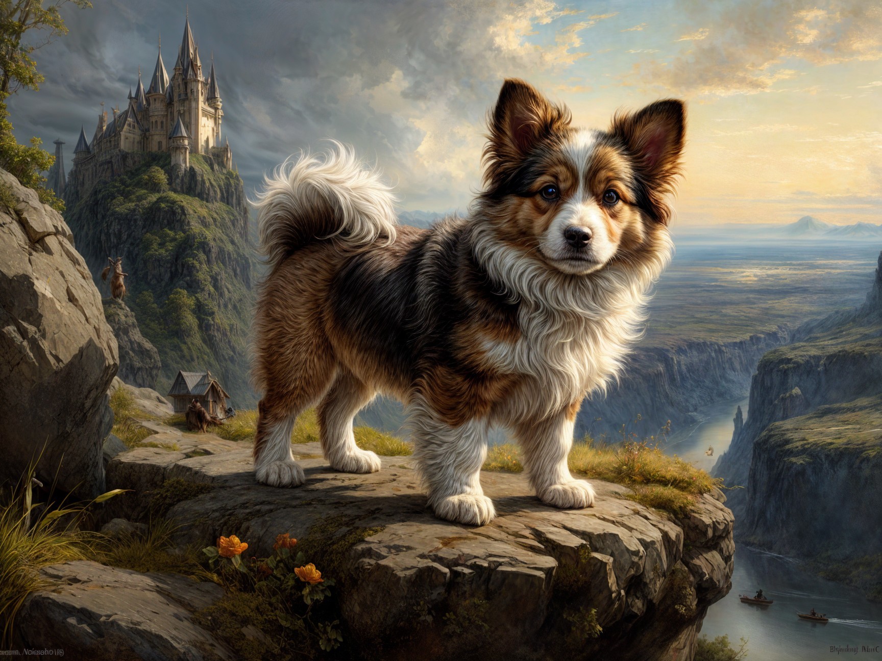 Tri-colored dog on rocky ledge with castle backdrop