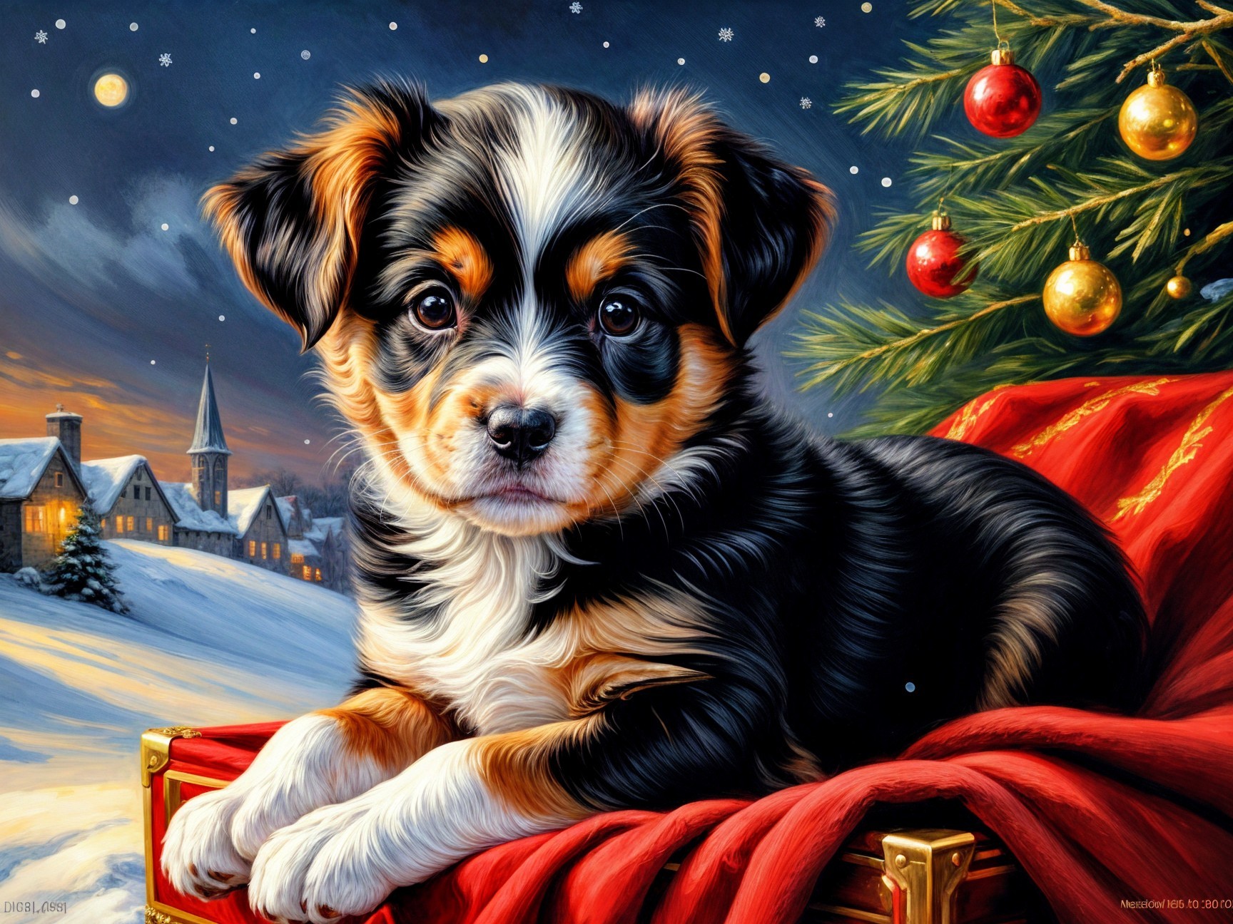 Puppy on Red Cushion in Festive Holiday Setting