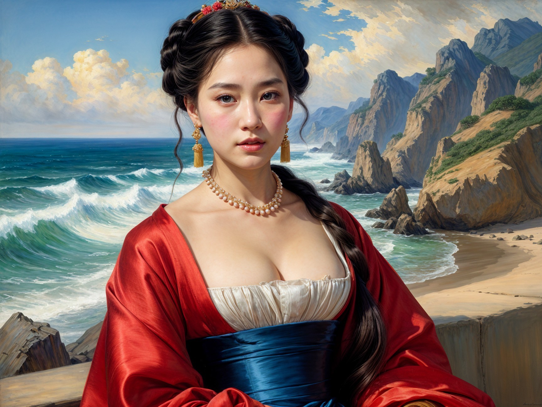 Young Woman in Traditional Dress by Coastal Landscape