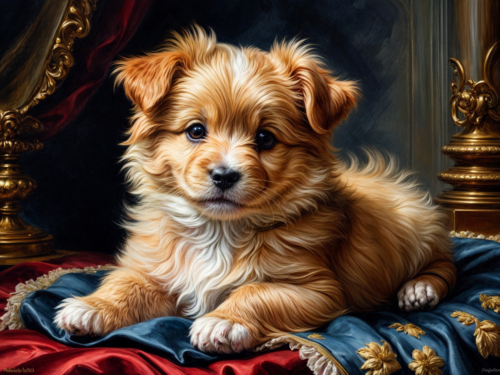 Charming Puppy on Elegant Blue and Gold Fabric