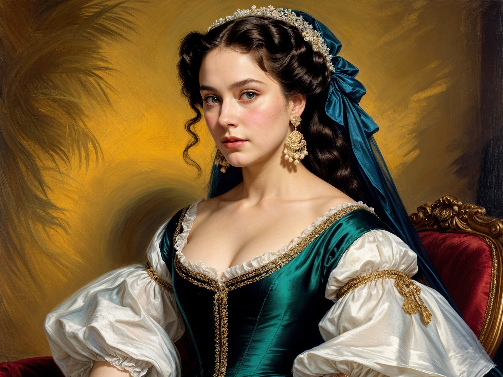 Elegant Young Woman in Dark Teal Gown with Accessories