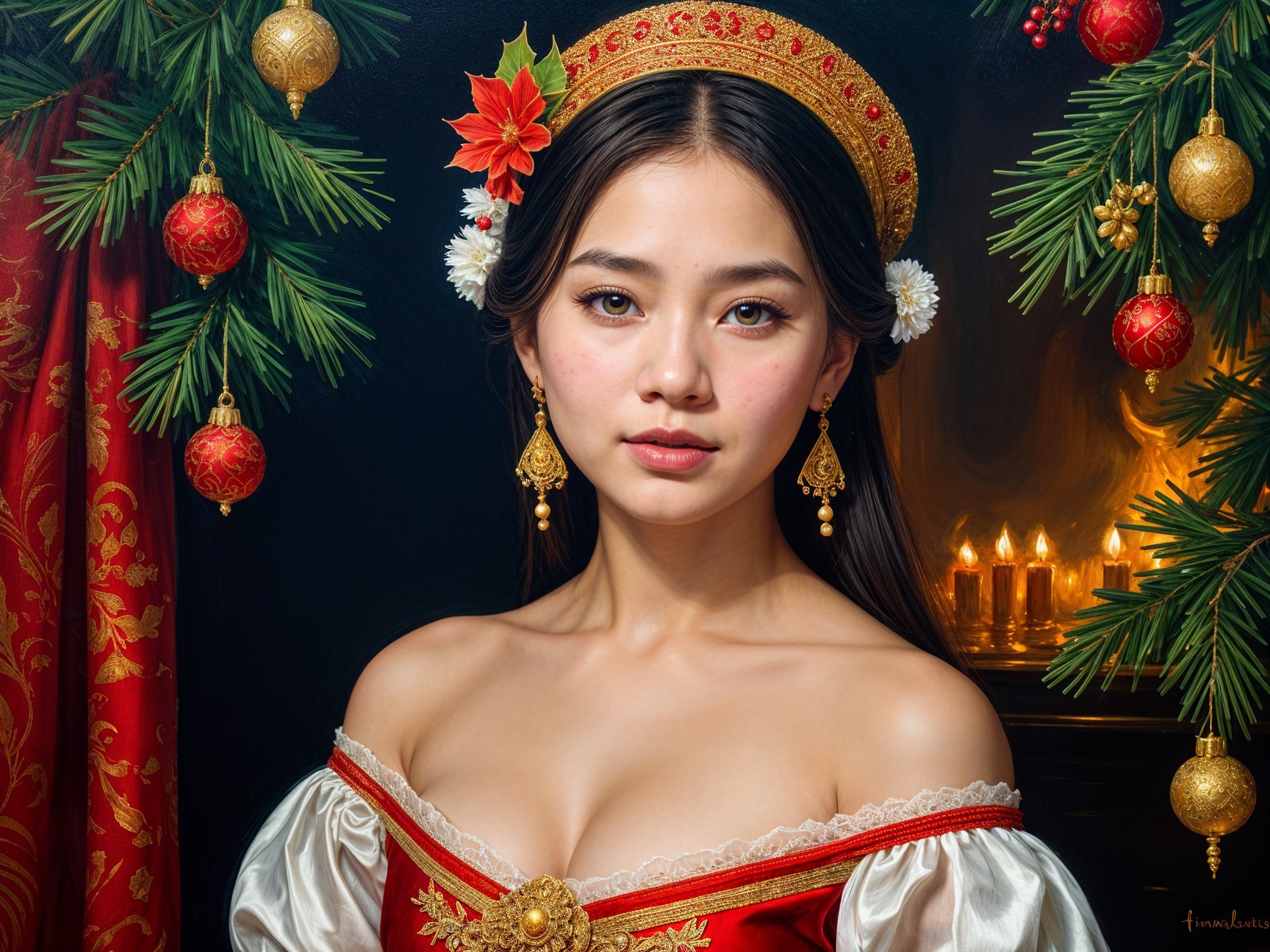 Elegant Young Woman in Historical Gown with Decorations