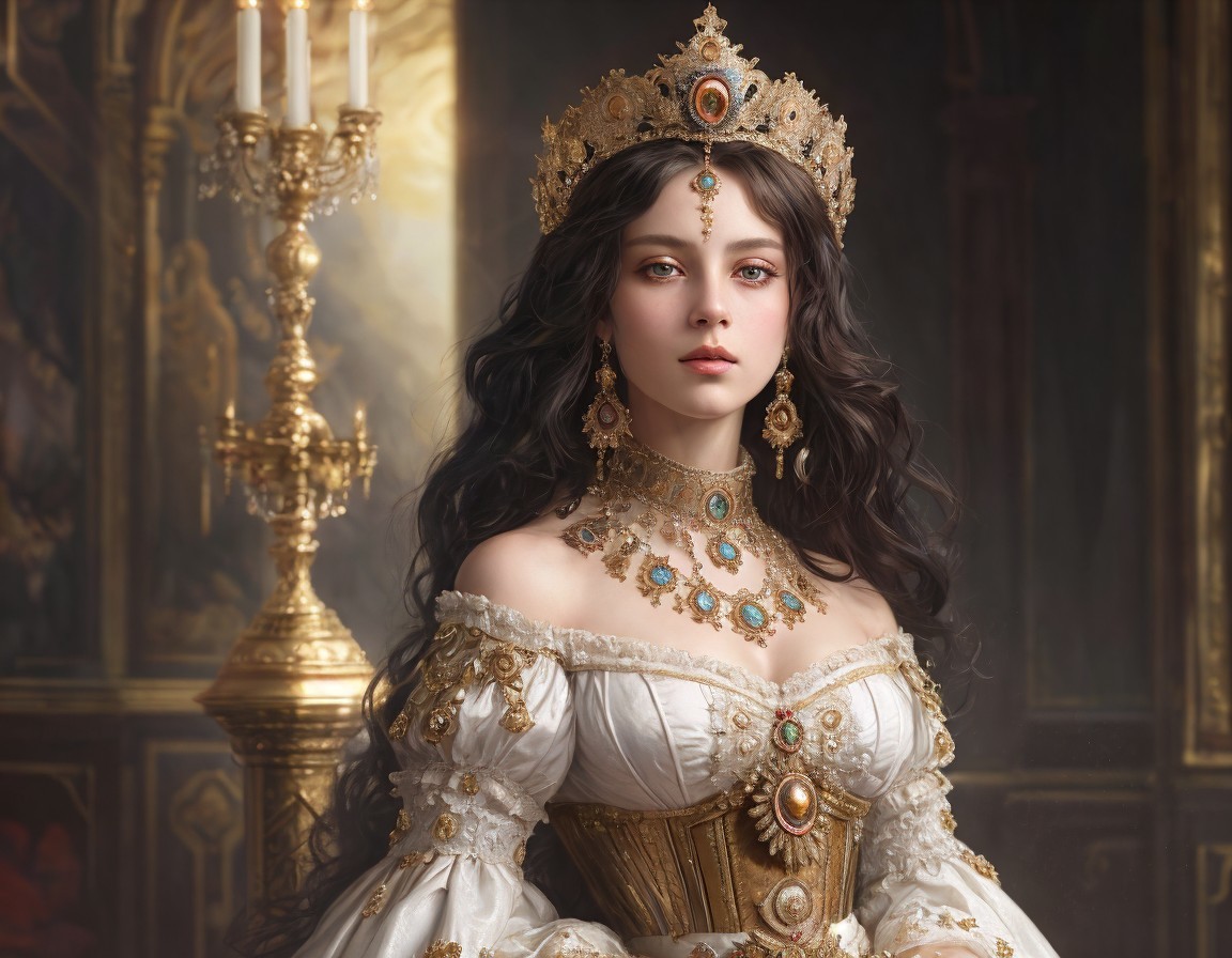 Regal Woman in White Dress with Candlelit Elegance