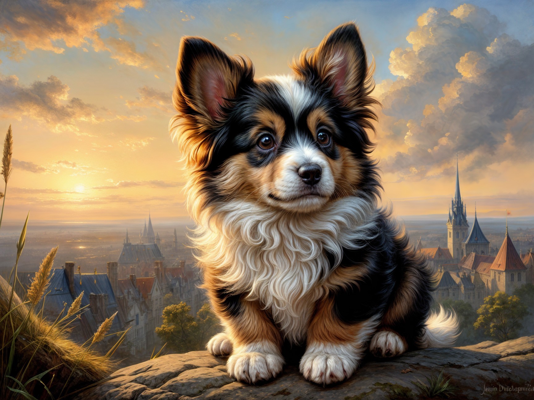 Tri-Colored Corgi in Sunset Over Medieval Village