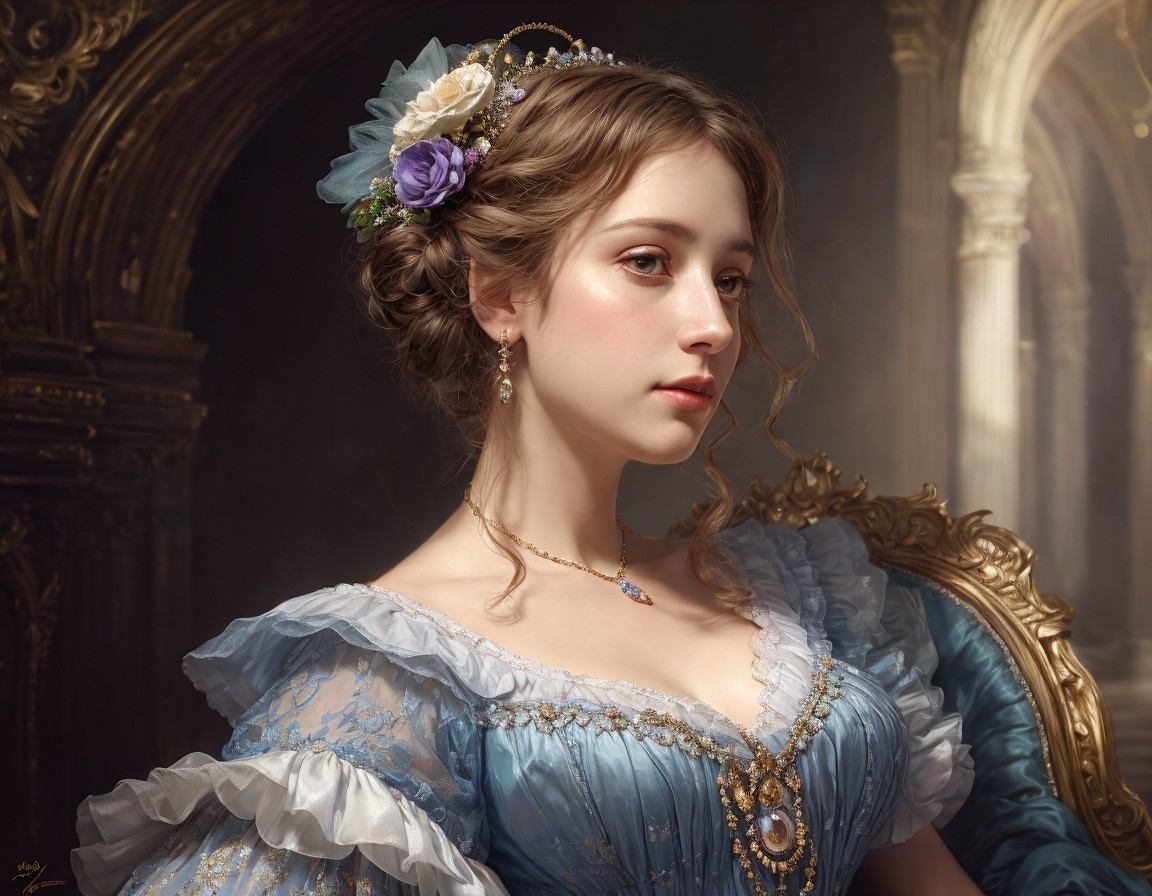 Young woman in blue period dress with flowers in hair, classical interior backdrop