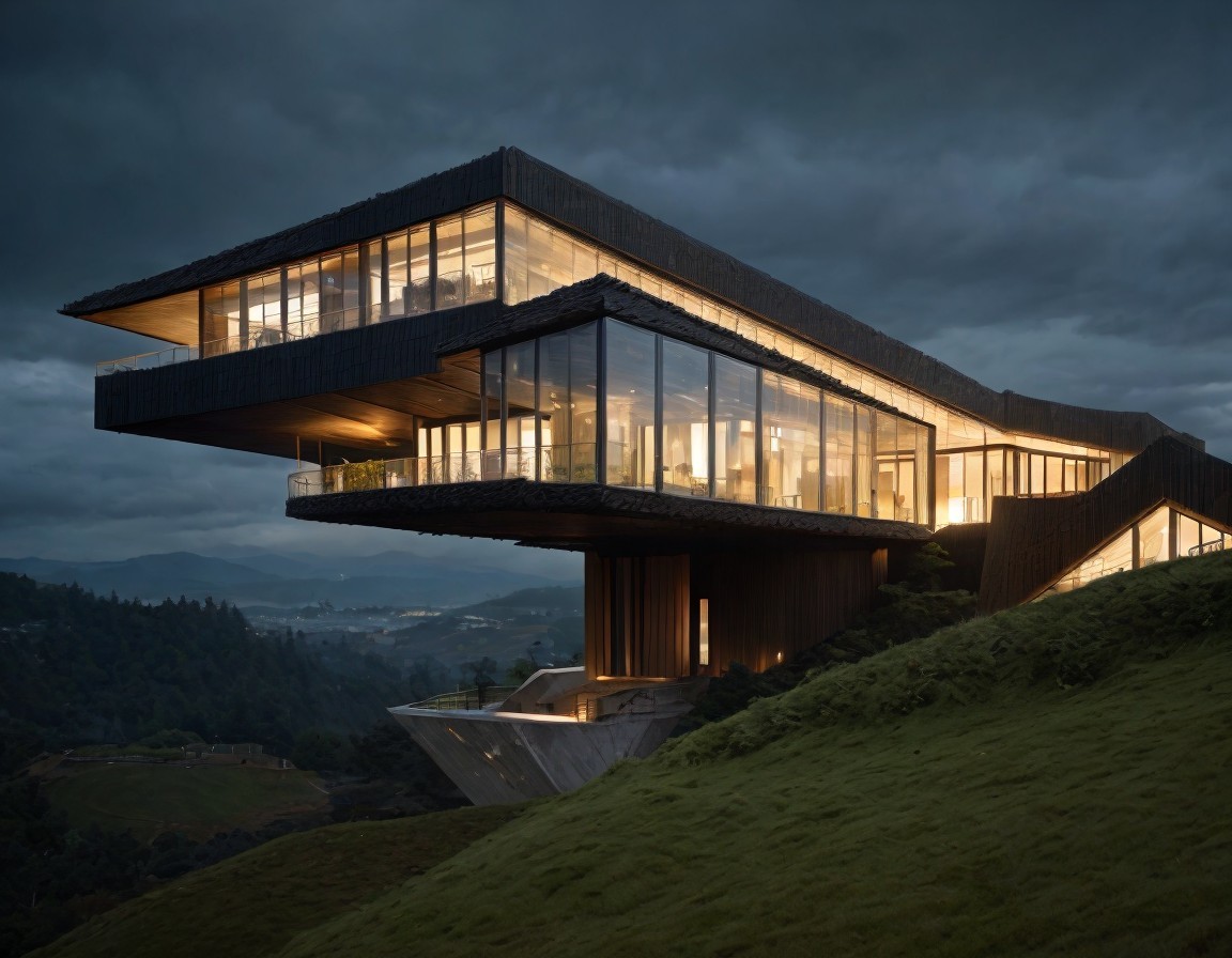 Modern architectural building with large illuminated glass windows against twilight sky and rolling hills