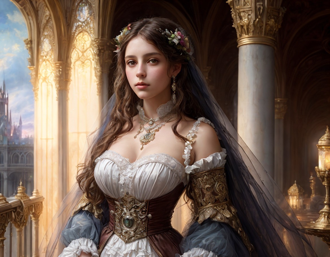 Elegant woman in historical dress in ornate hall