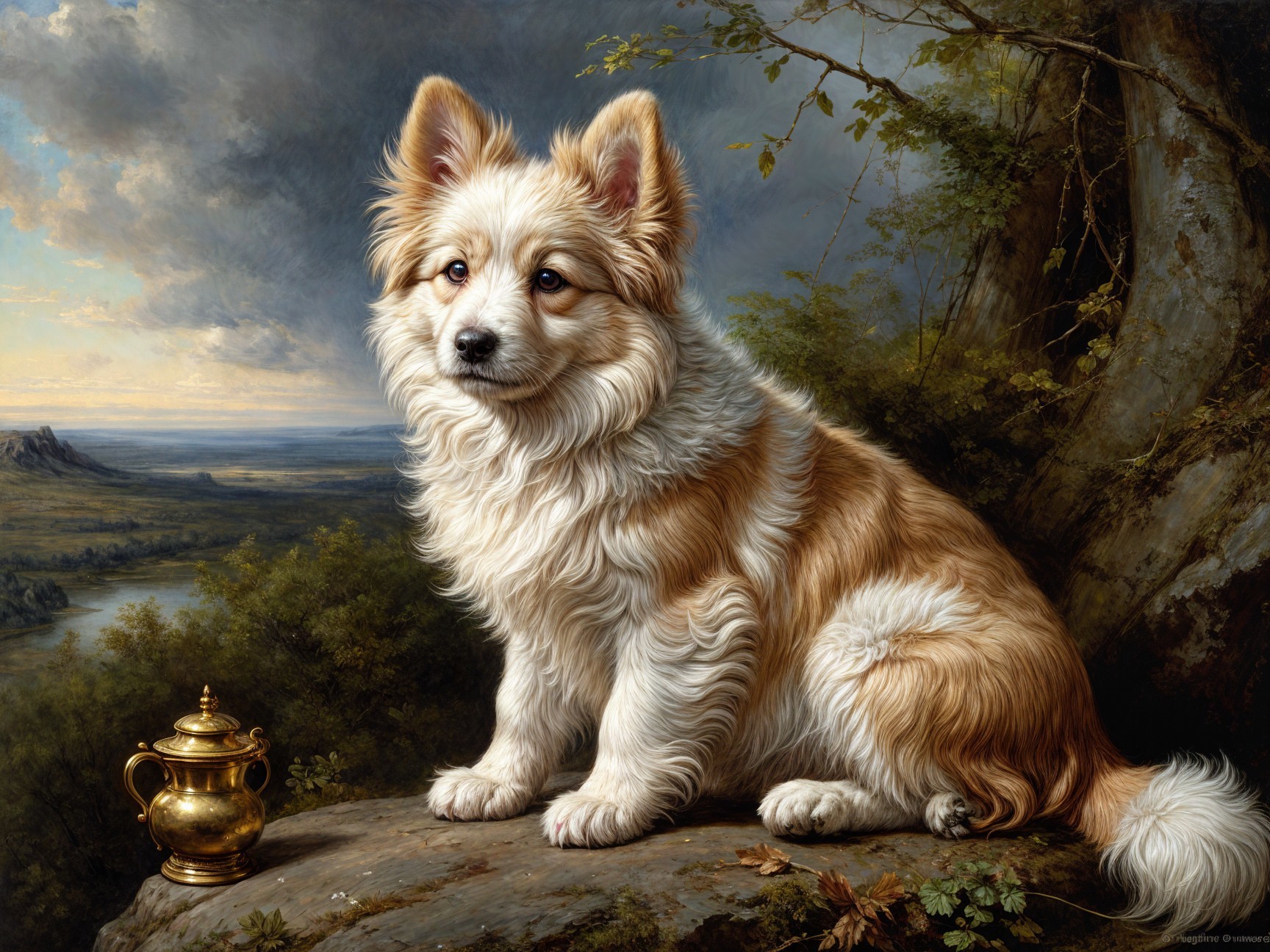 Fluffy Dog on Rocky Ledge with Golden Pot and Hills