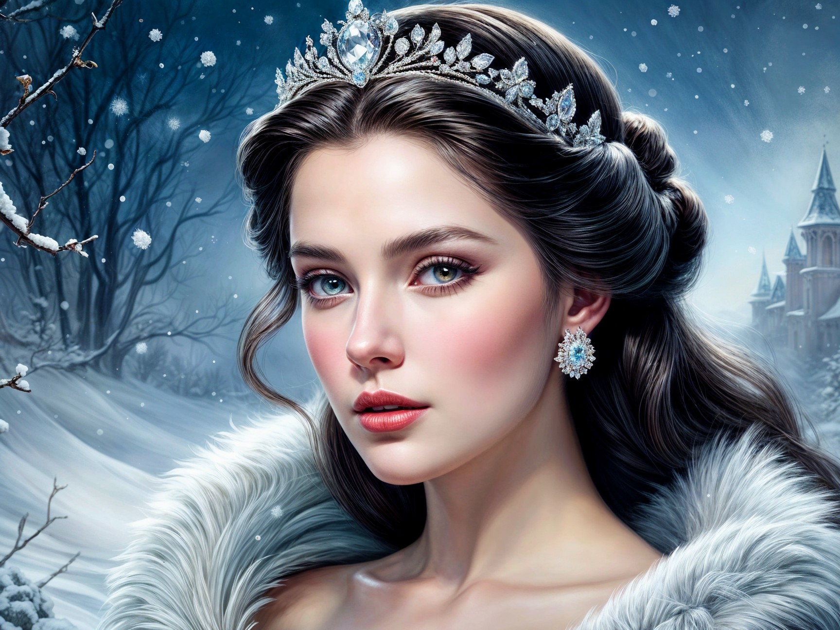 Regal Young Woman in a Snowy Landscape with Tiara