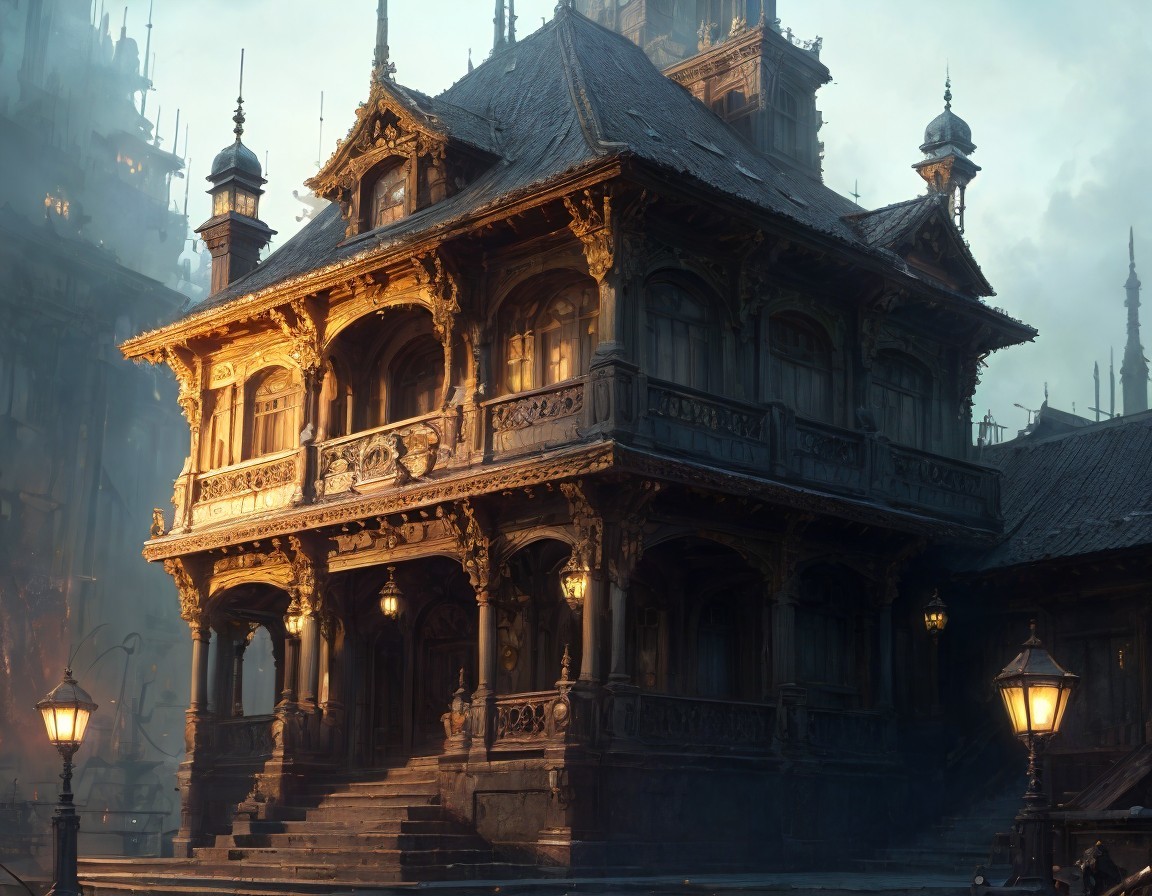 Intricately Designed Mansion with Lanterns and Mist