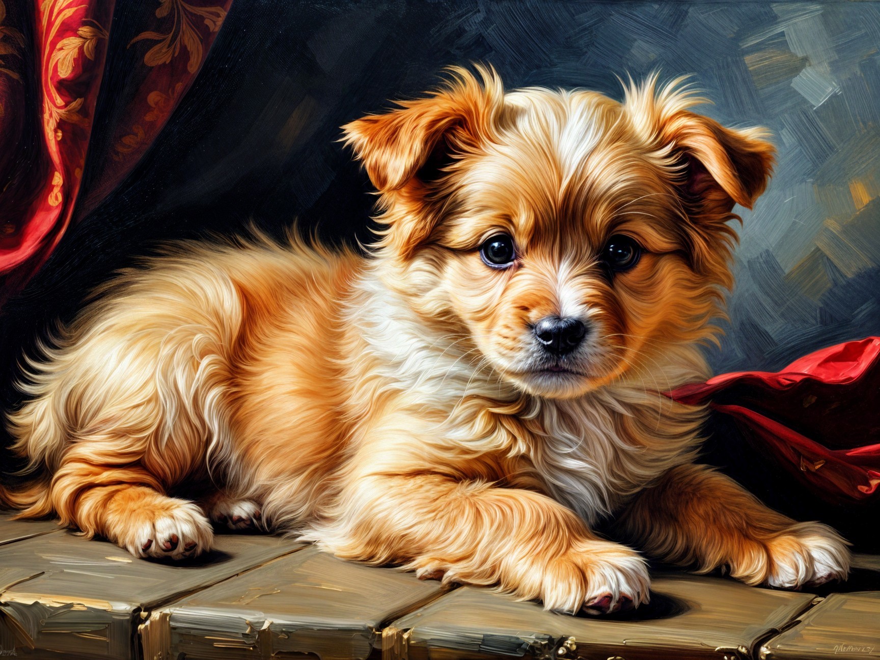 Fluffy Golden-Orange Puppy on Wooden Surface