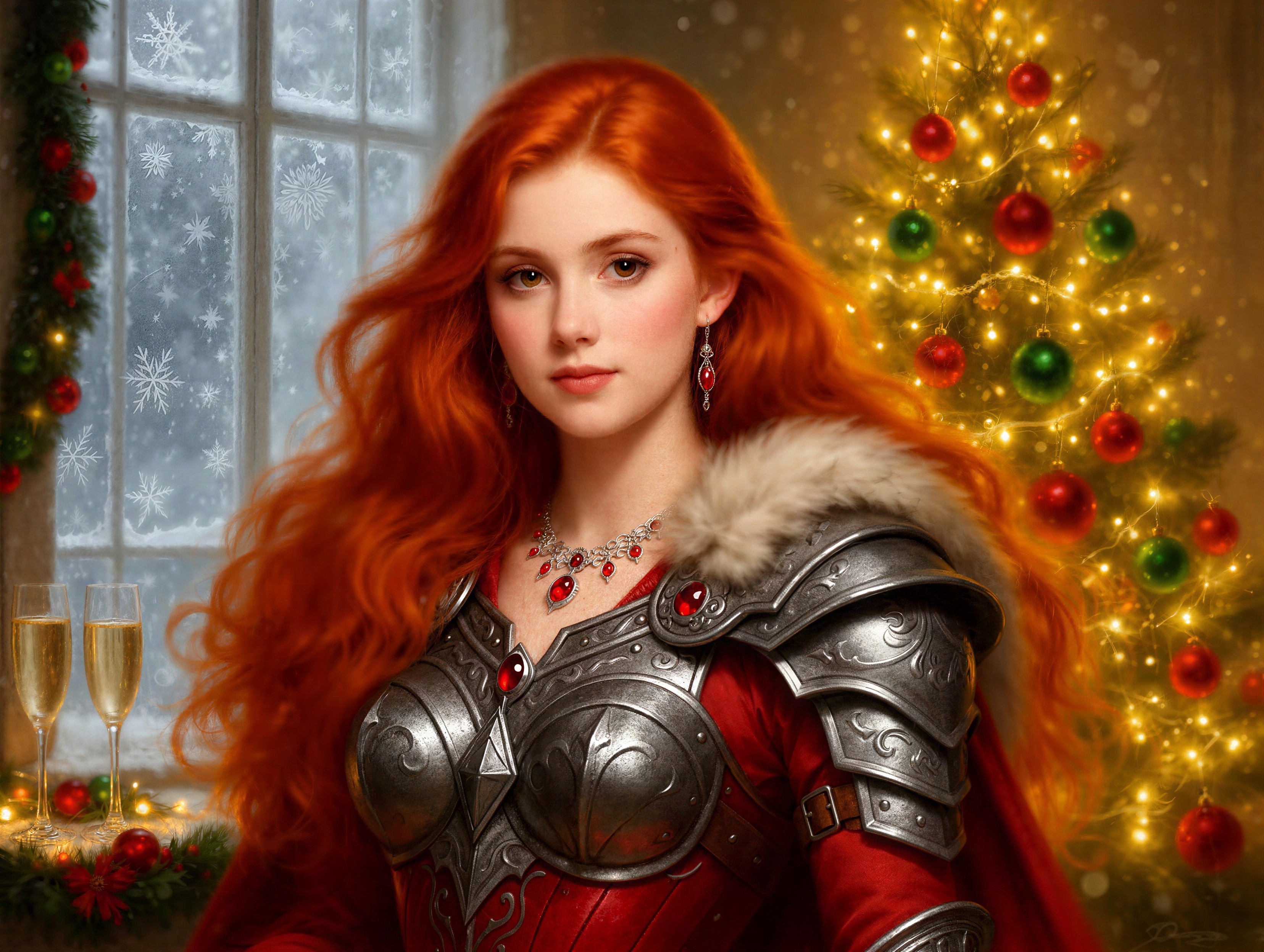 Redhead Woman in Festive Gown and Medieval Armor