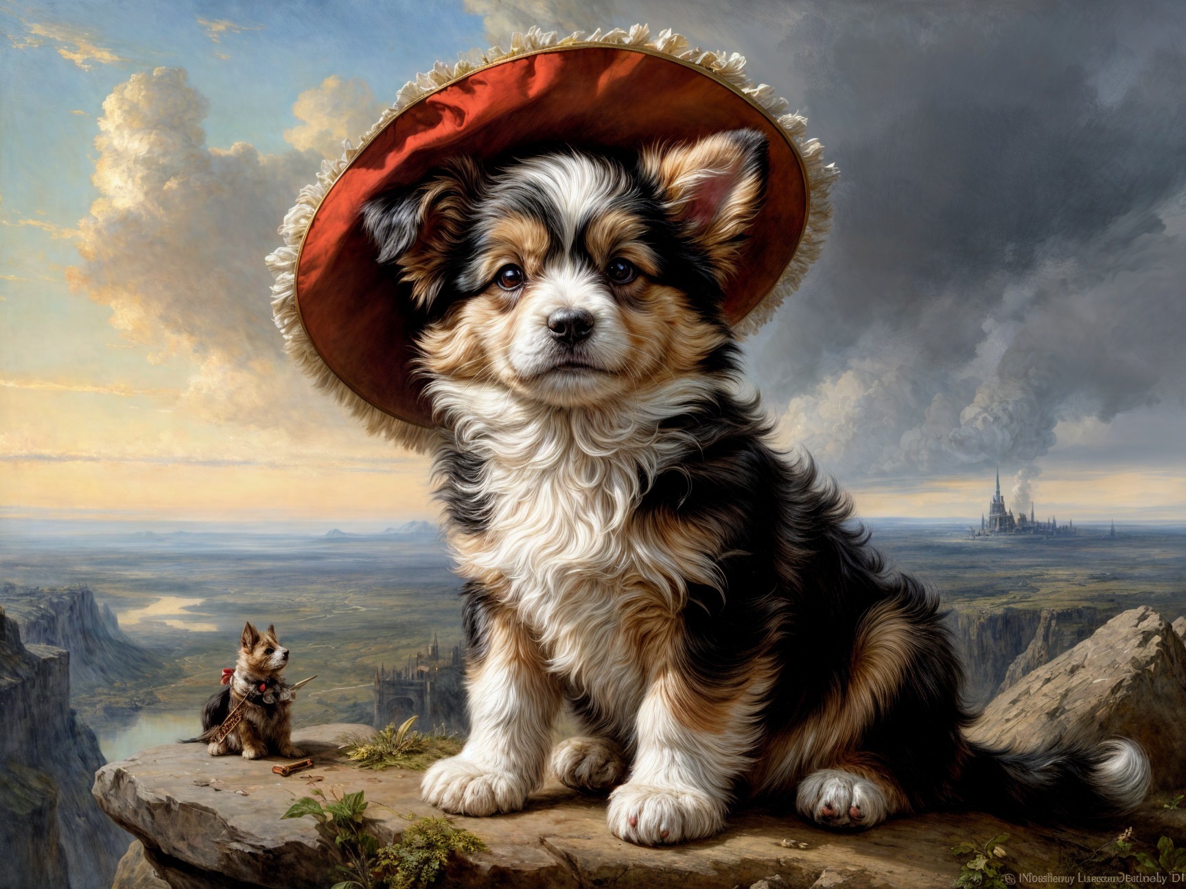 Fluffy Dog in Red Hat Overlooking Scenic Landscape