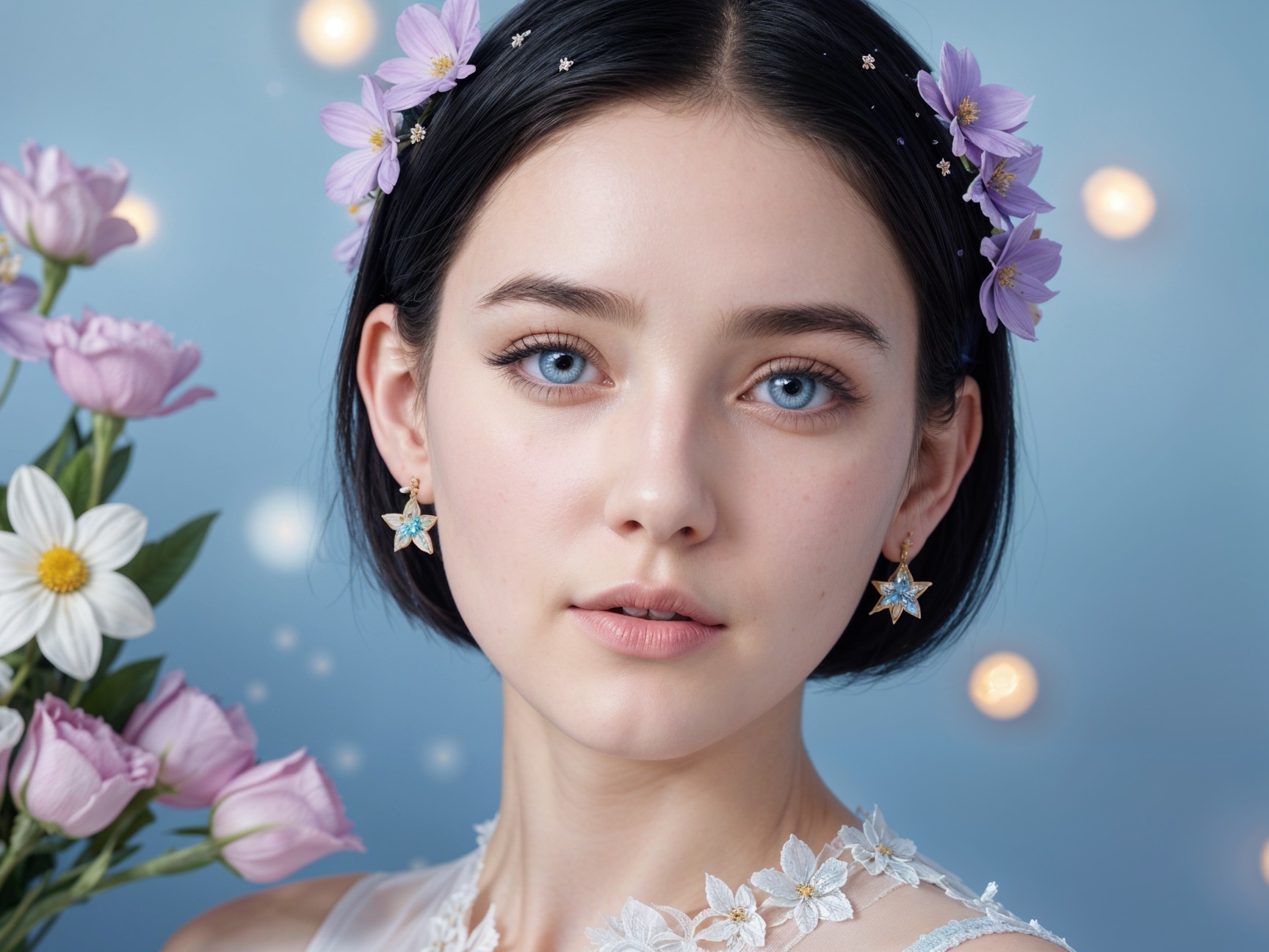 Young woman with flowers and elegant earrings portrait