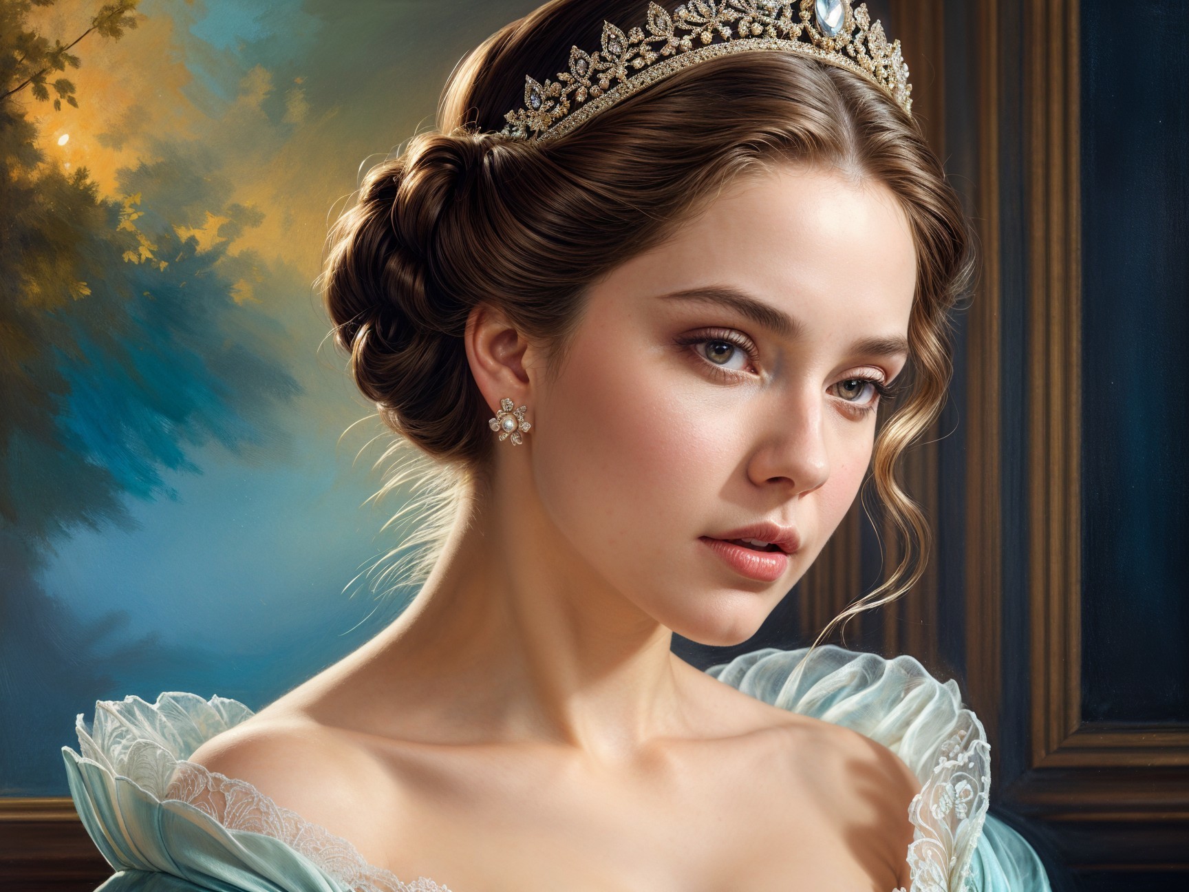 Young Woman in Light Blue Gown with Tiara and Soft Makeup