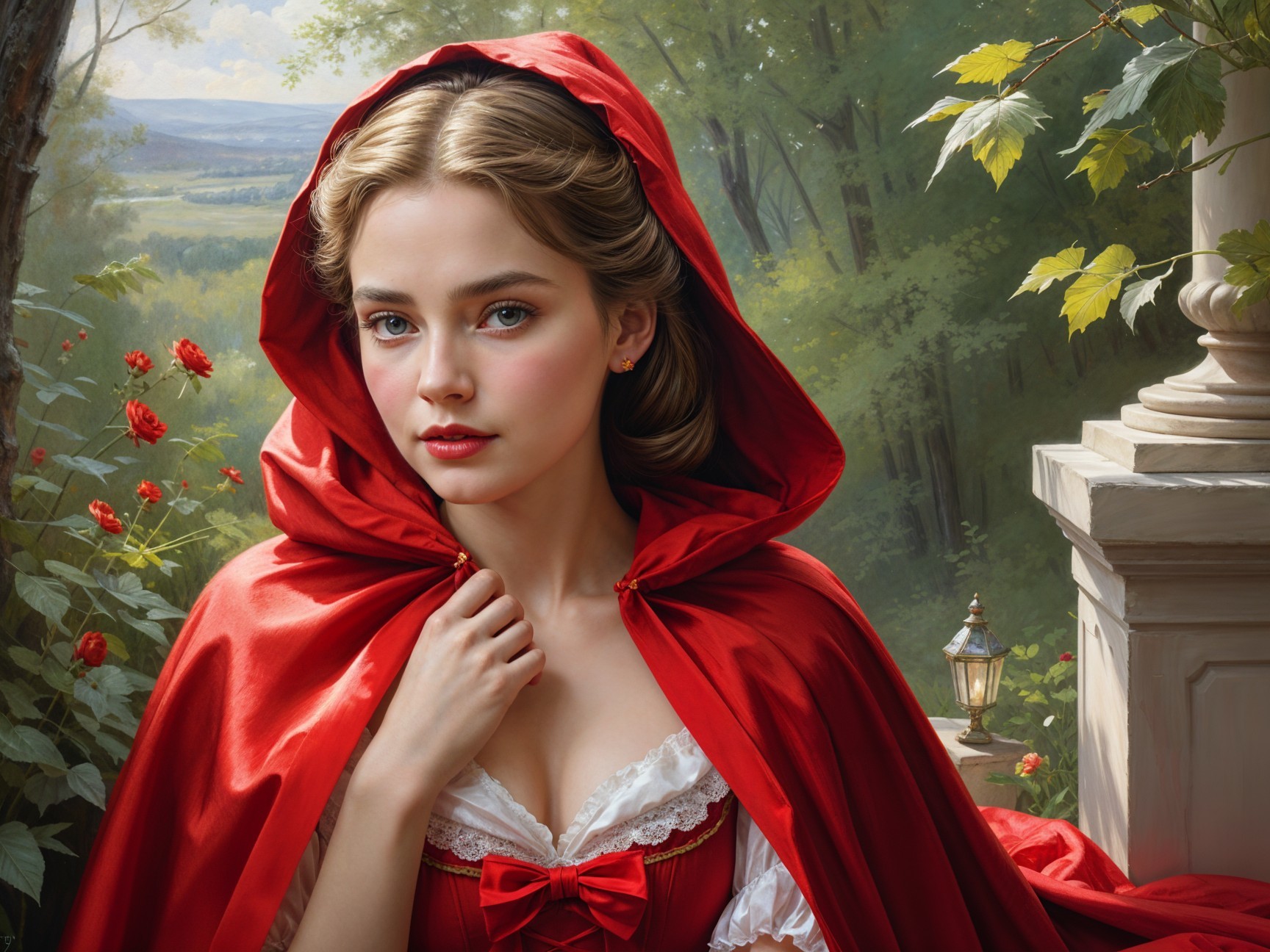 Young Woman in Red Cloak Surrounded by Nature