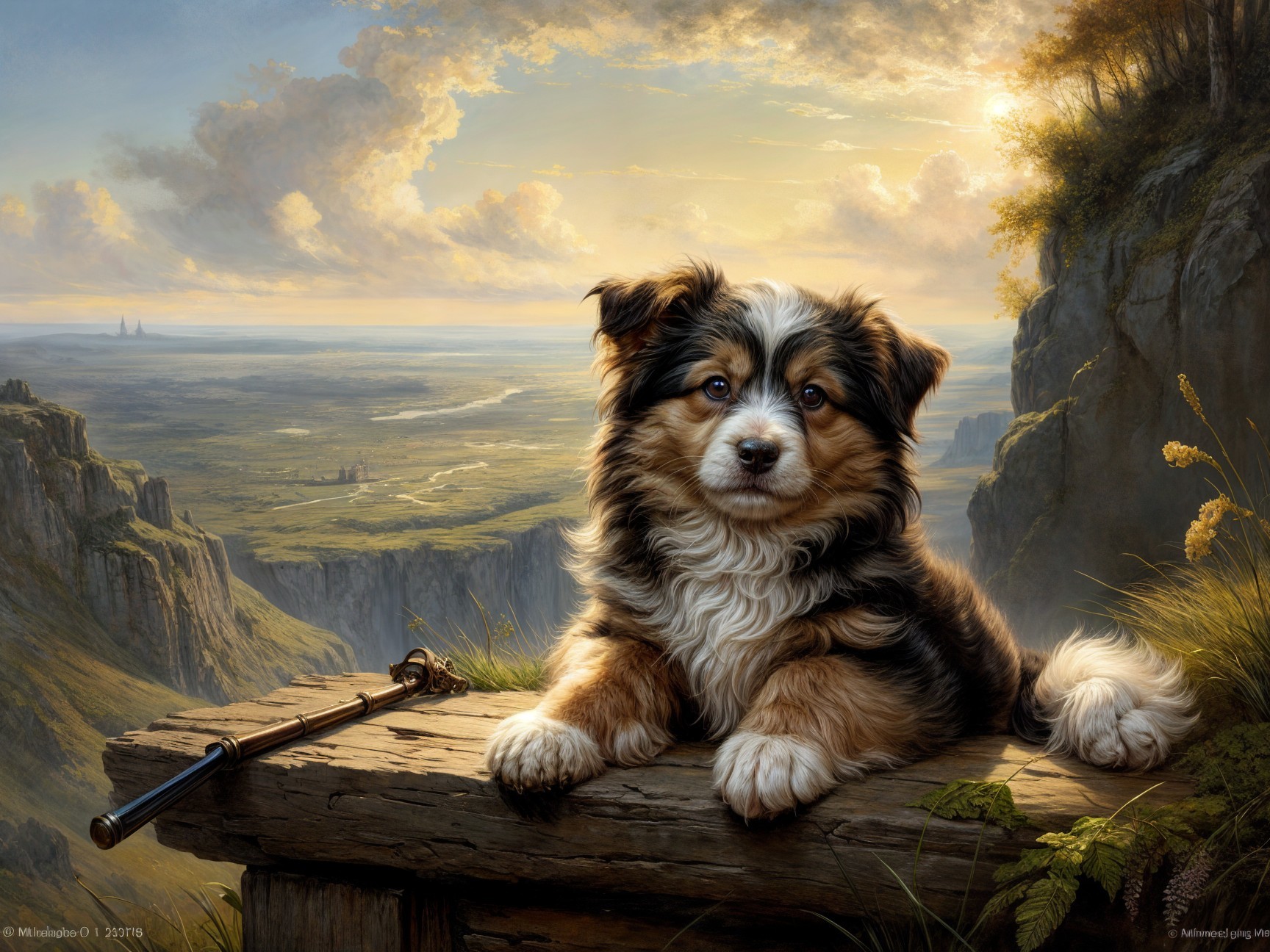 Fluffy Dog on Beam Overlooking Scenic Landscape