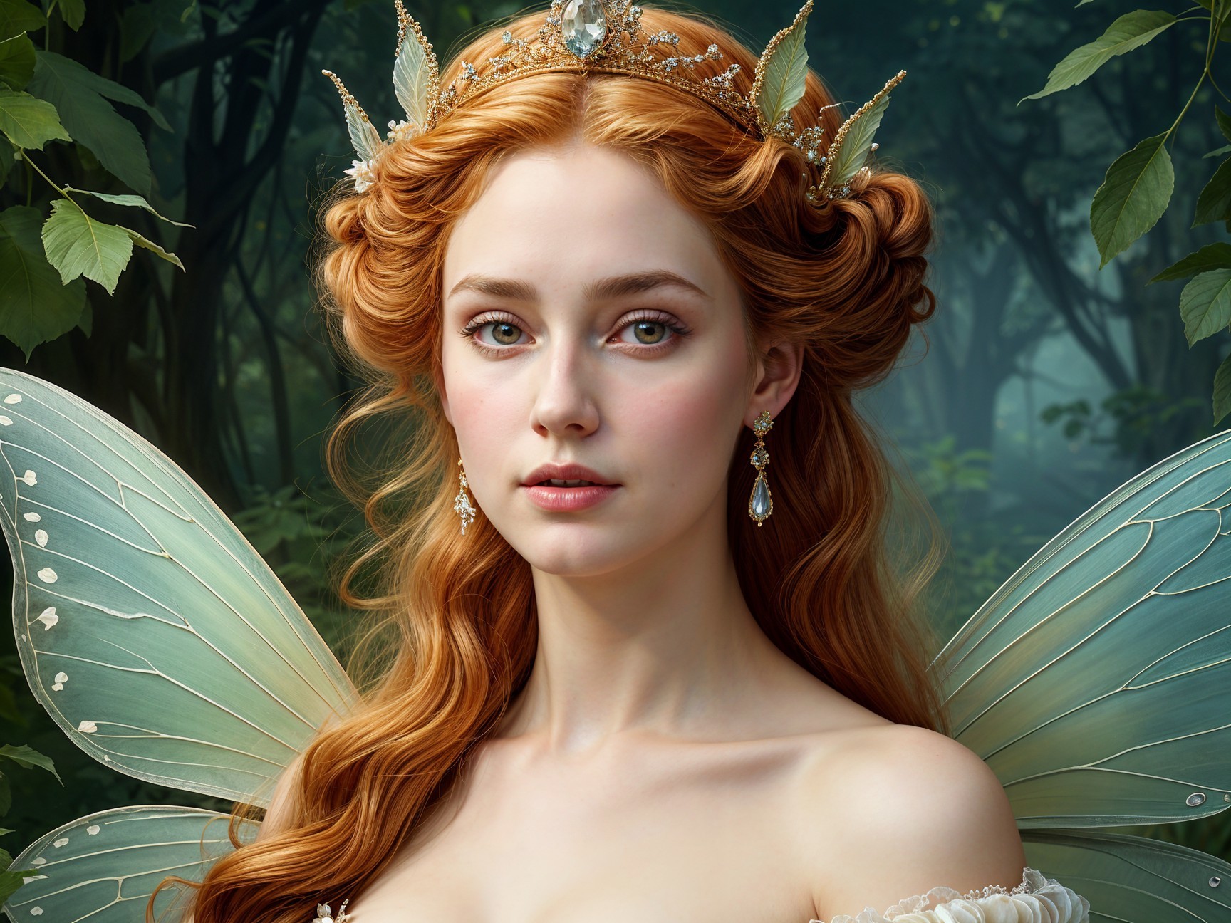 Fairy with Auburn Hair and Iridescent Wings in Forest