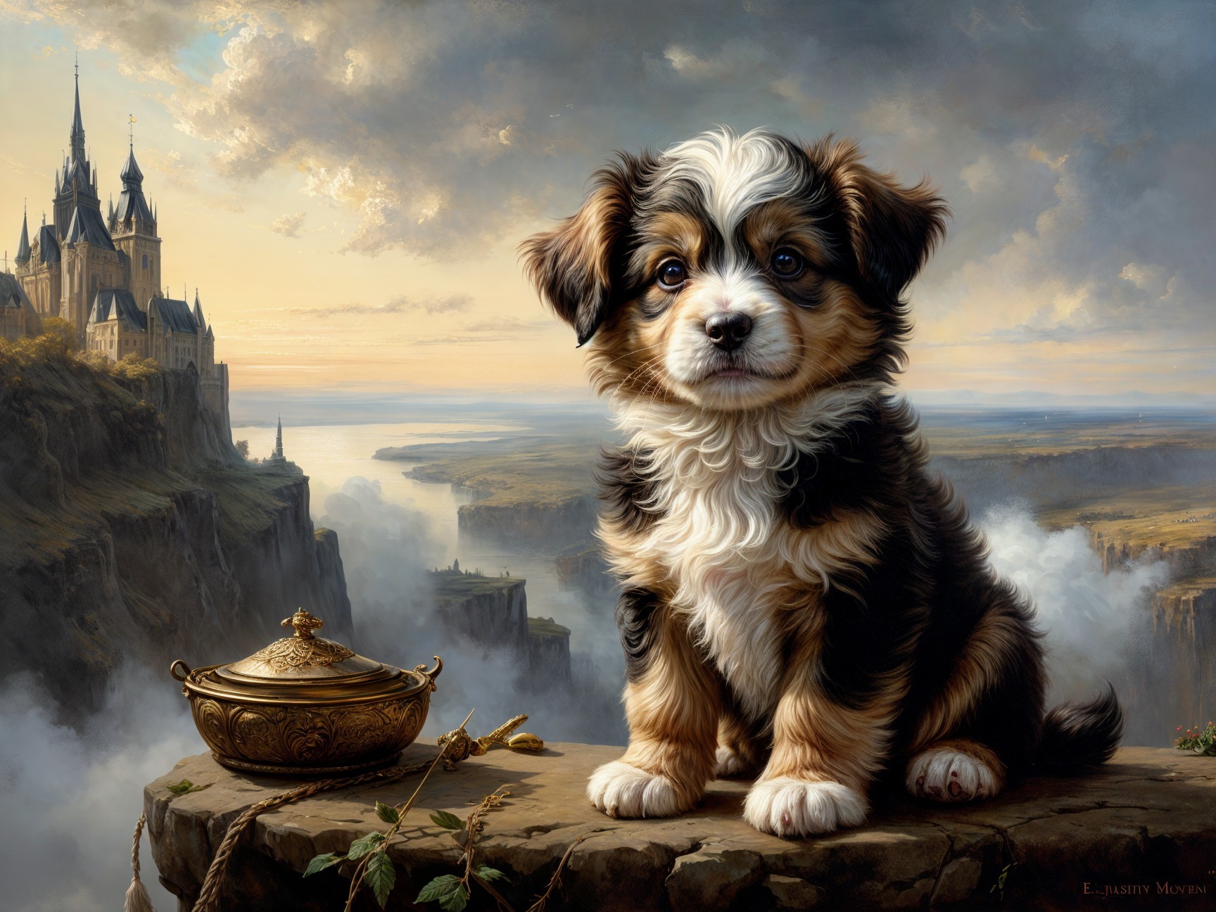 Fluffy Puppy on Rocky Ledge with Castle at Sunset