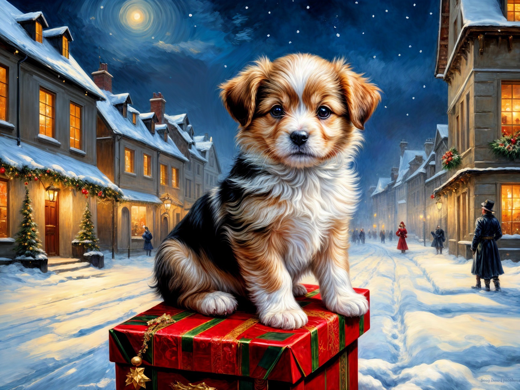 Fluffy Puppy on Gift in Snowy Village Scene