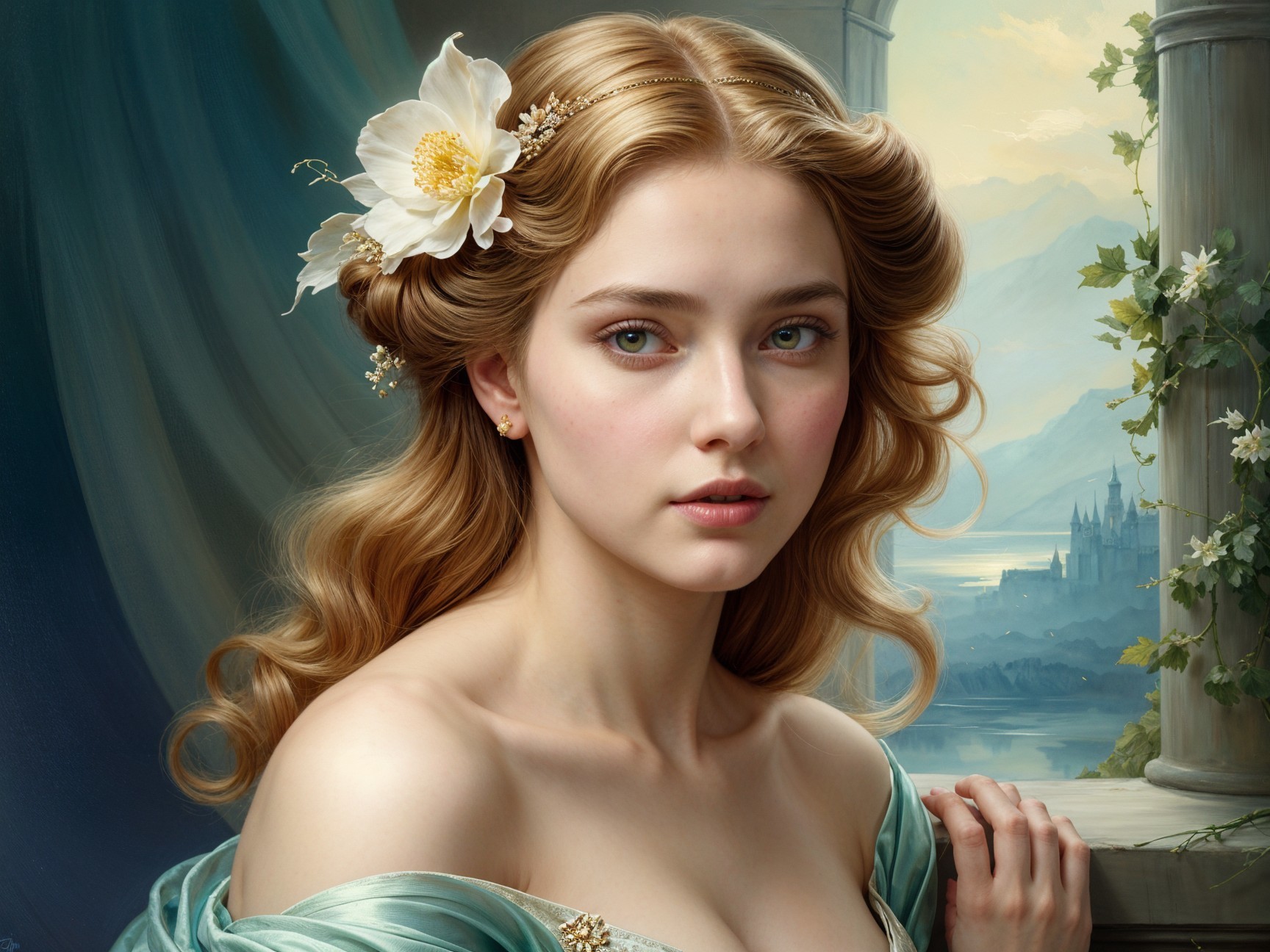 Young Woman in Turquoise Gown with Scenic Background