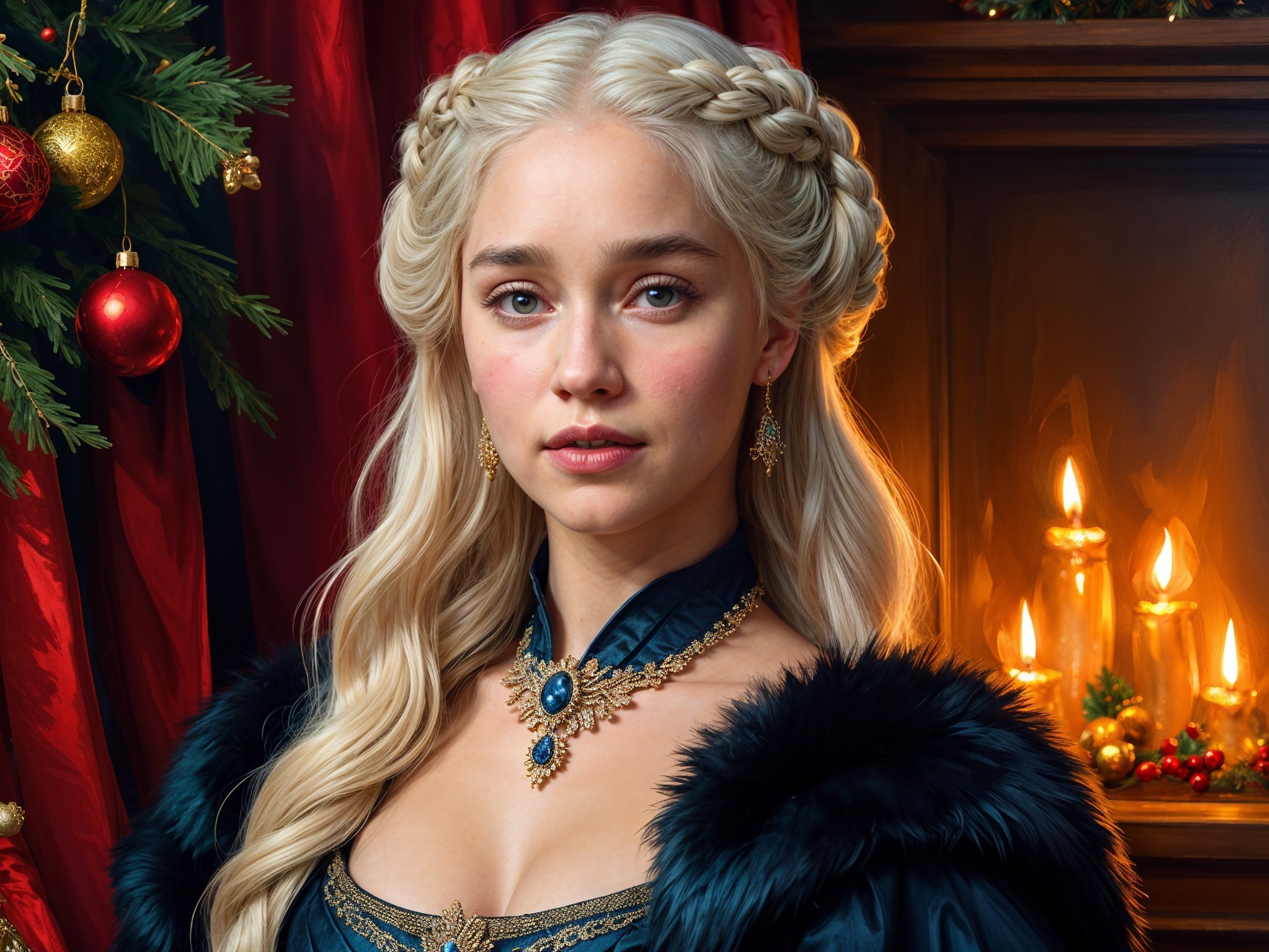 Elegant Woman in Dark Gown with Festive Backdrop