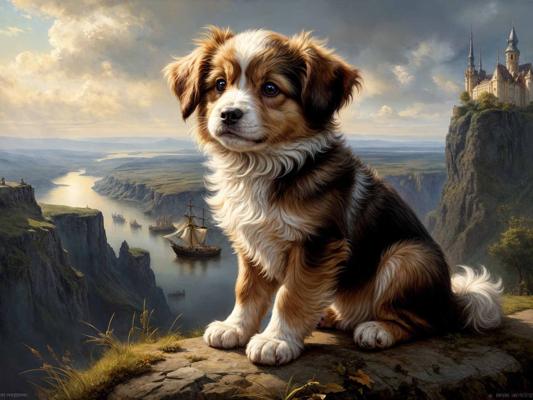 Puppy on Cliff Overlooking River Valley and Castle