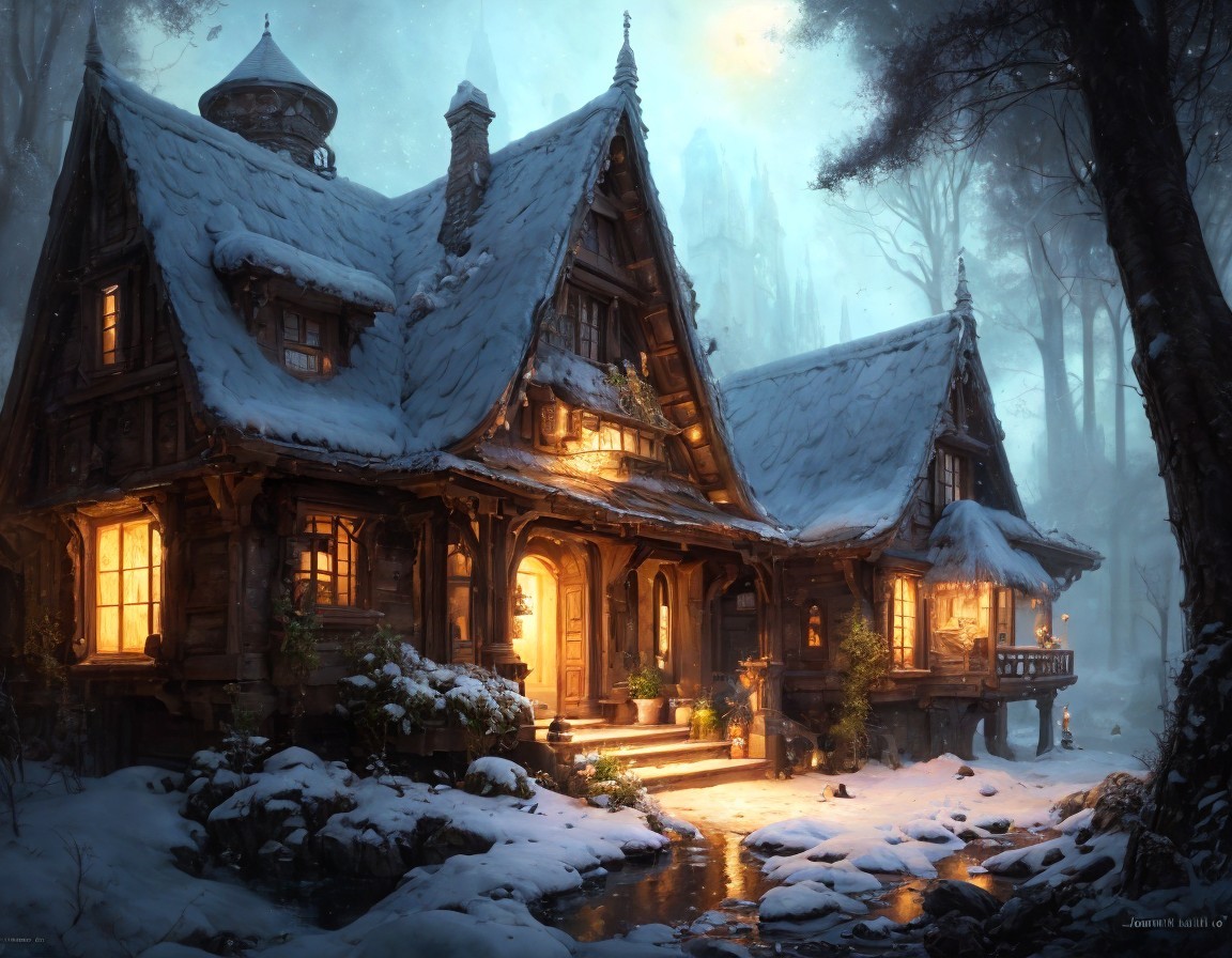 Snow-Covered Wooden Cabin in Twilight Forest