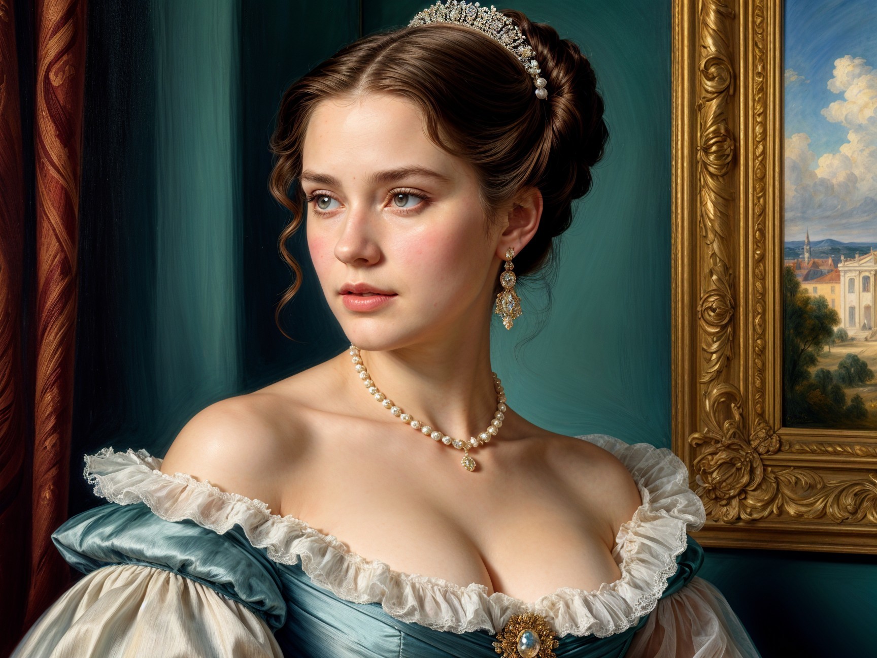 Young Woman in Elegant Light Blue Gown with Jewelry