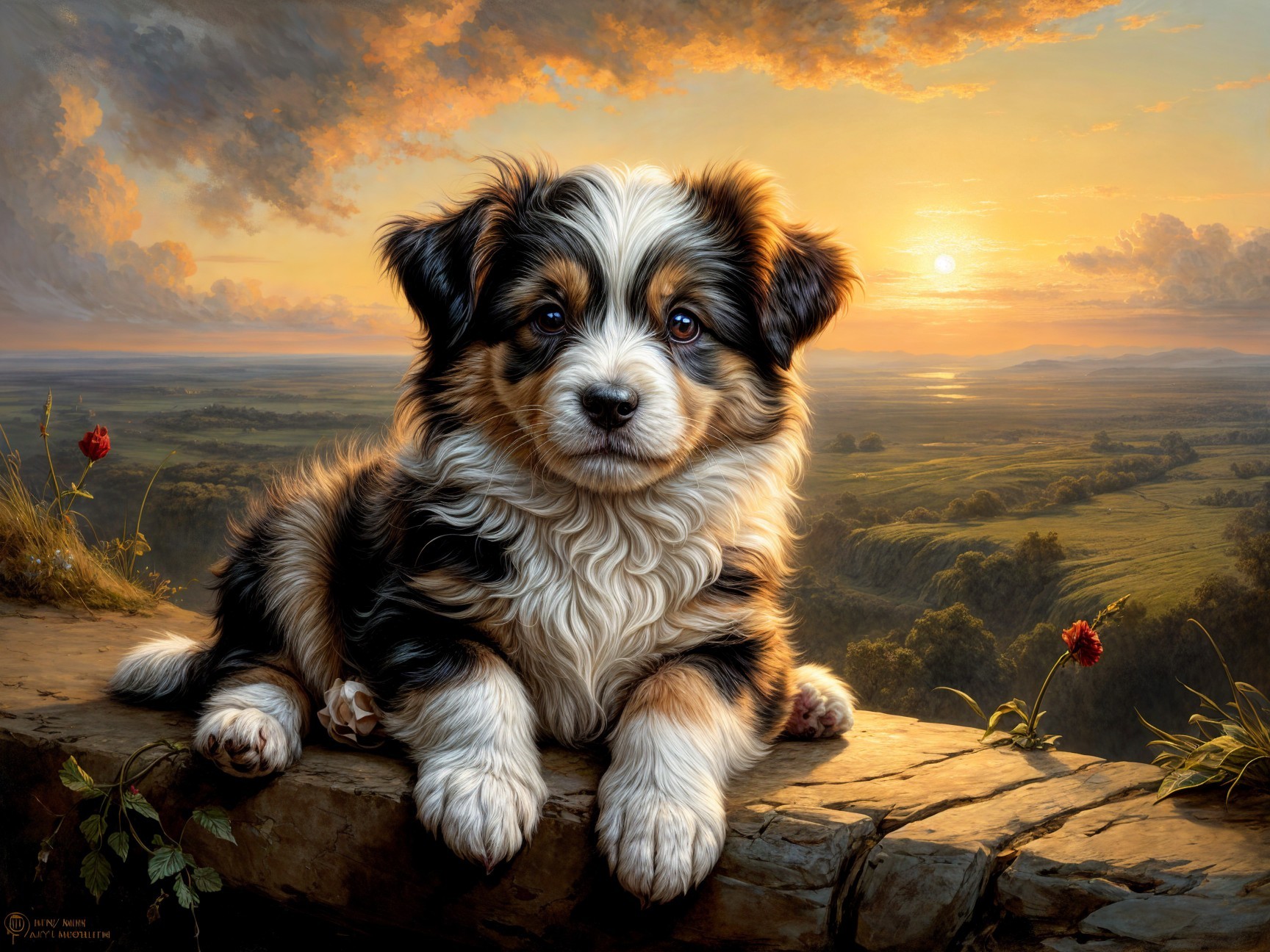 Fluffy Puppy with Sunset Over Green Hills and Flowers