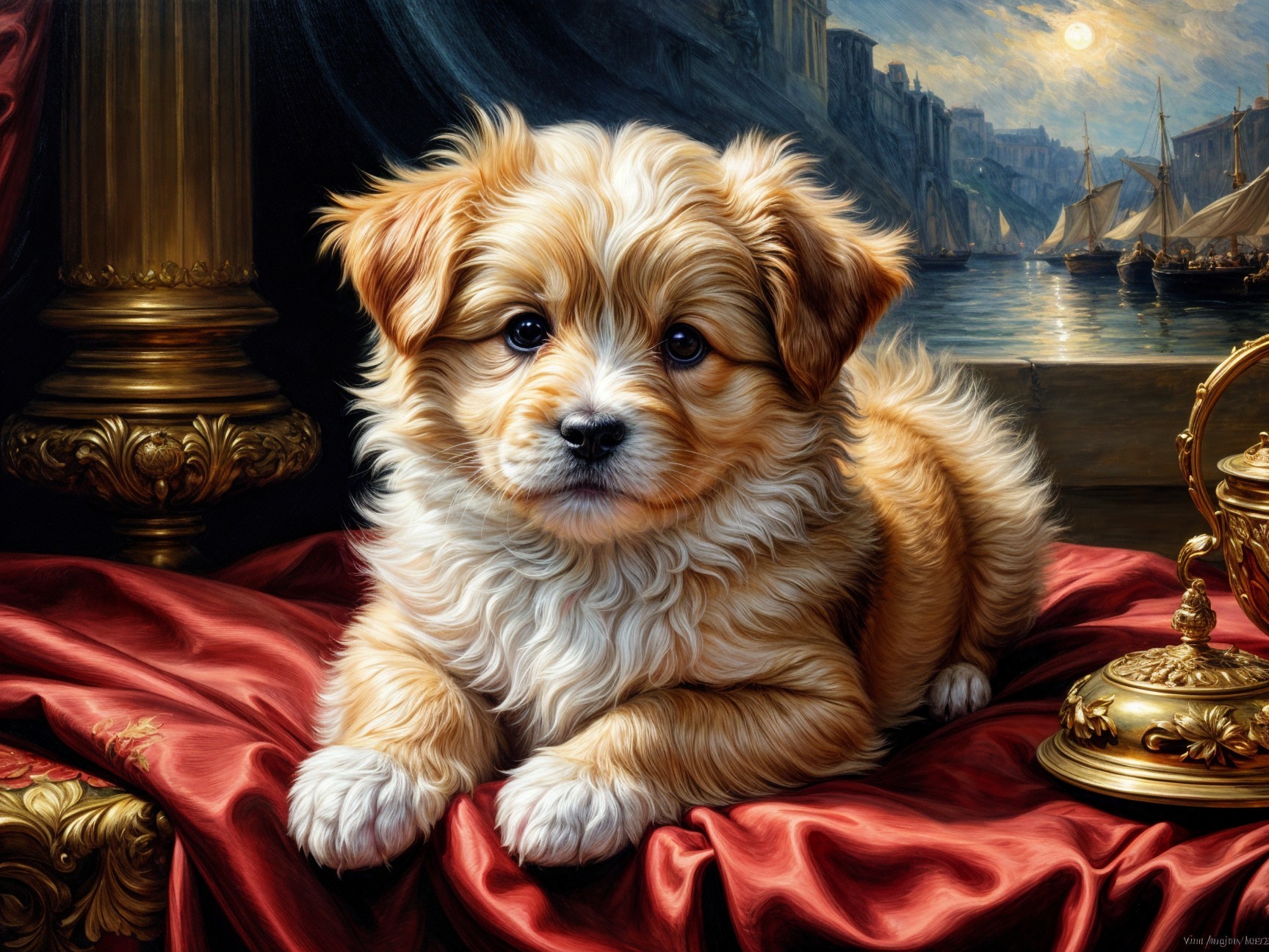 Fluffy Golden Puppy on Red Velvet Cloth with Sailboats