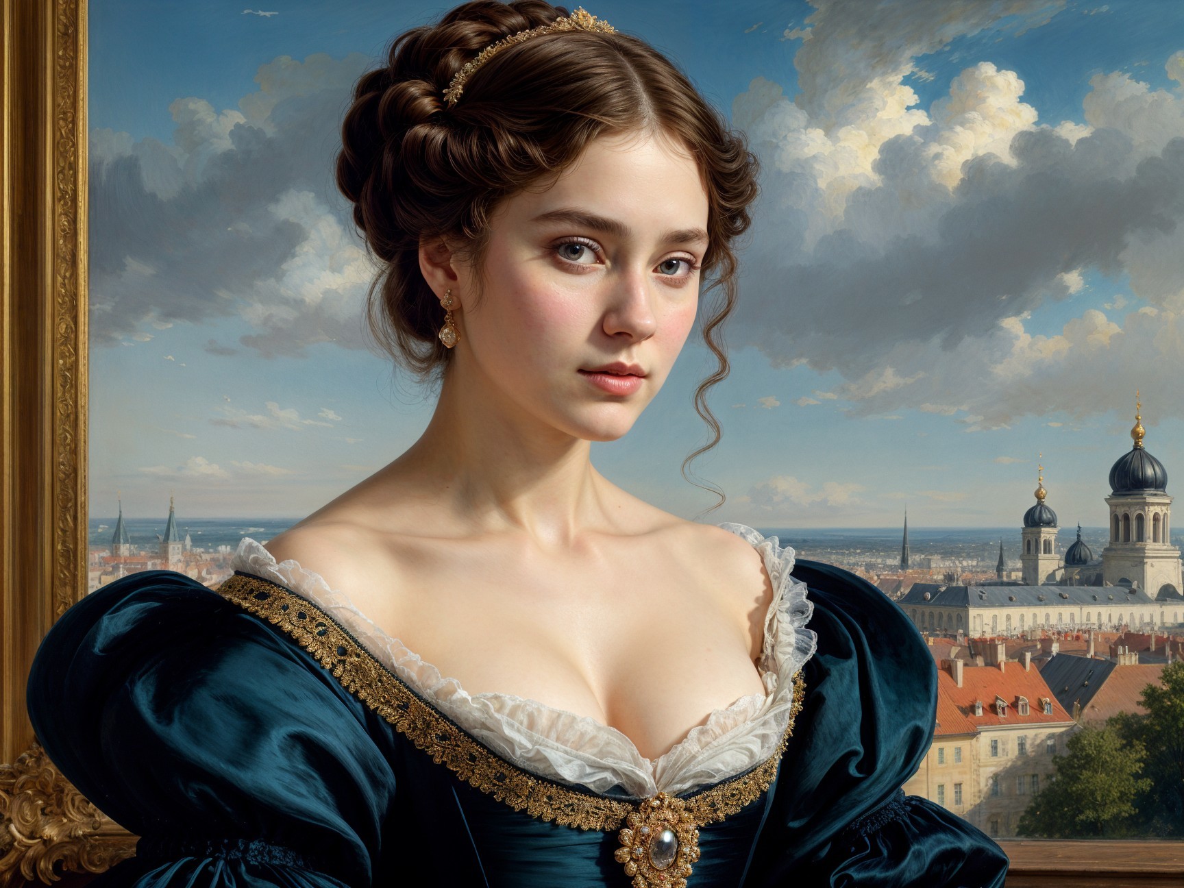 Young Woman in Elegant Blue Dress Against Scenic Landscape