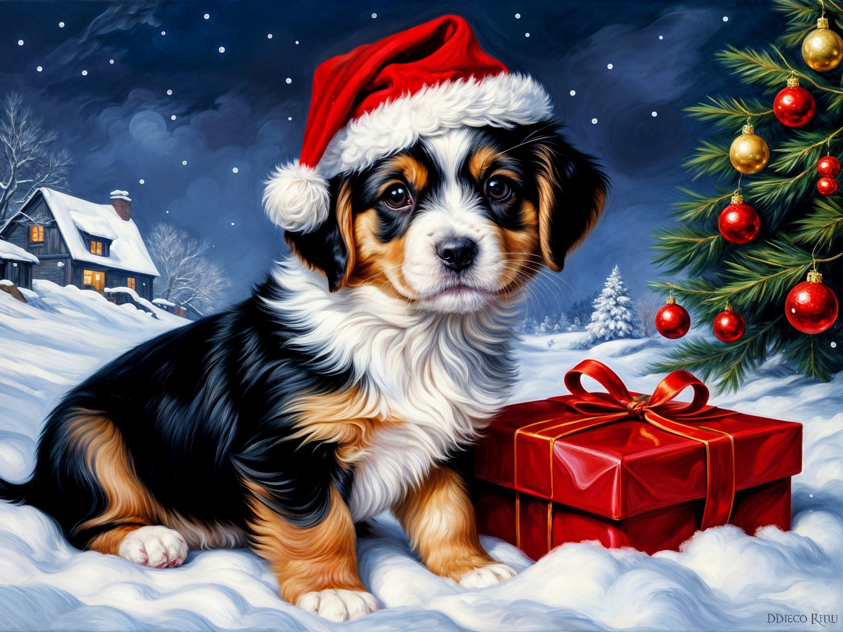 Puppy in Santa Hat Amid Snowy Holiday Decorations
