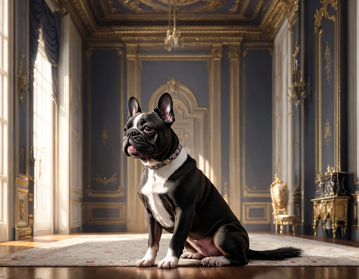 French Bulldog in Ornate Room with Wood Paneling and Grand Windows