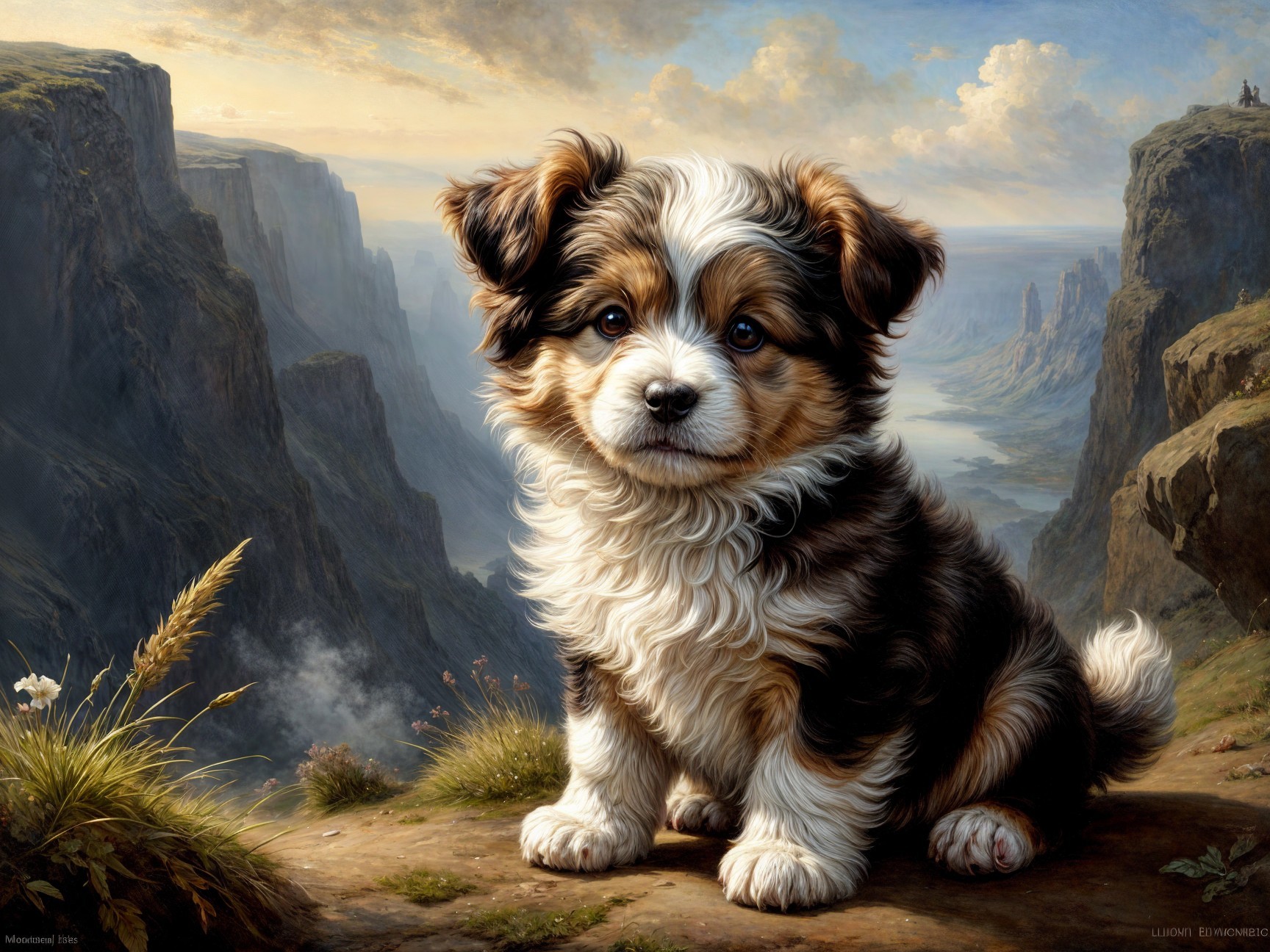 Fluffy Puppy on Grassy Ledge Overlooking Valley