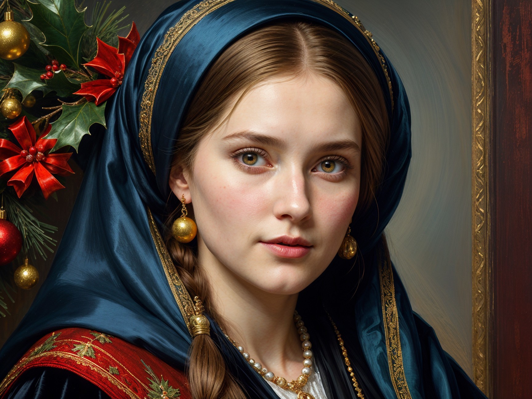 Young Woman in Dark Blue Hood with Festive Decor
