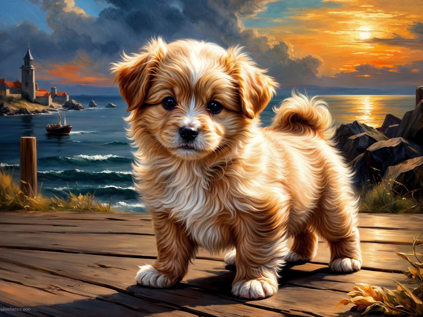 Golden-haired puppy on a dock at sunset by sea