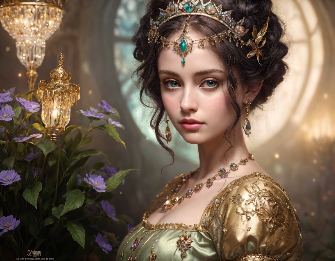Regal Woman in Gold Attire with Blue Eyes and Flowers