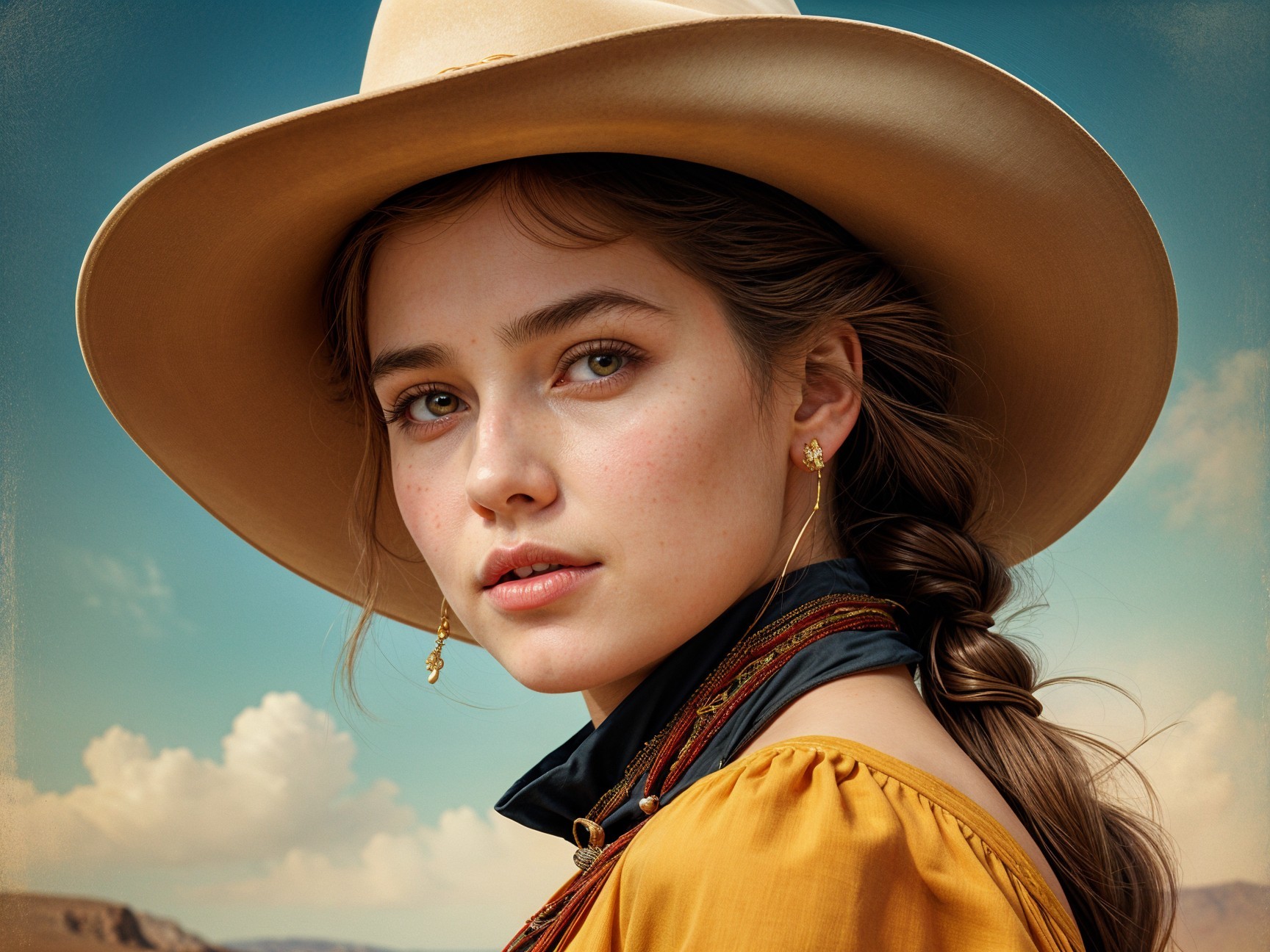 Young Woman in Tan Hat Against Blue Sky Background